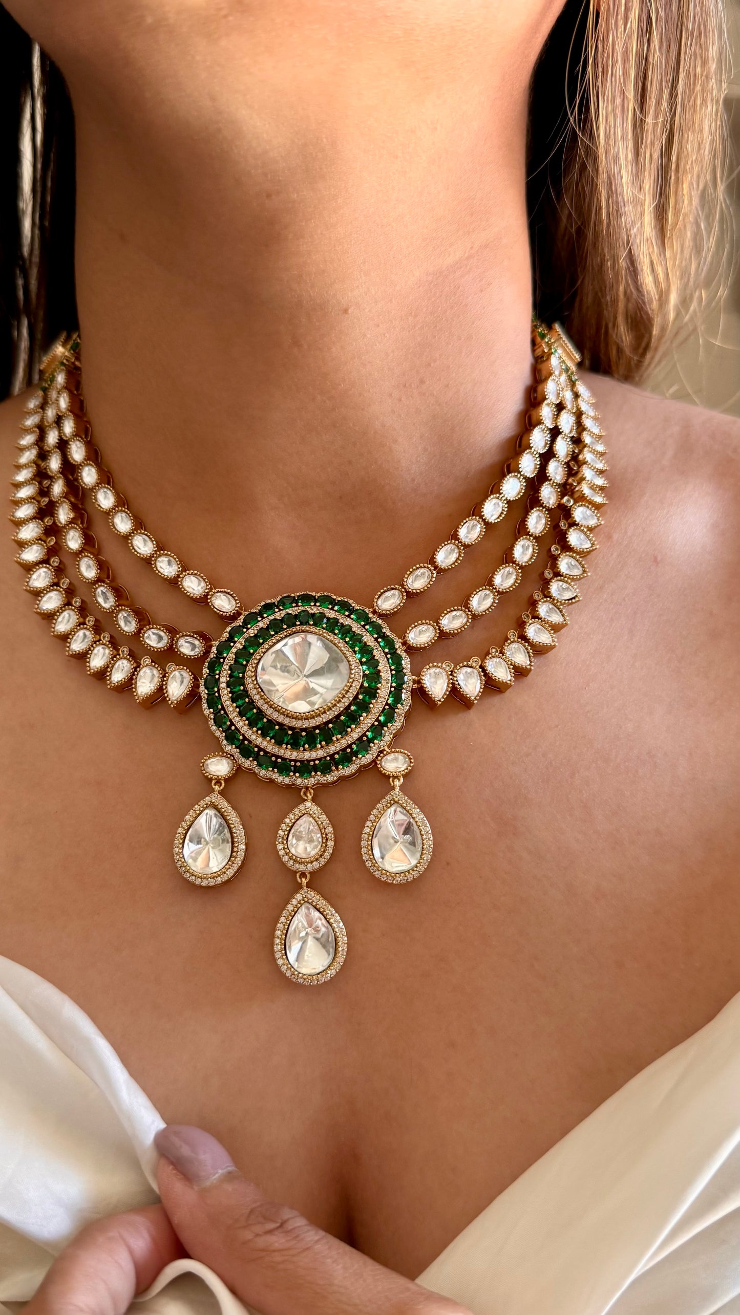 Emerald moissanite polki drop triple layered collar necklace