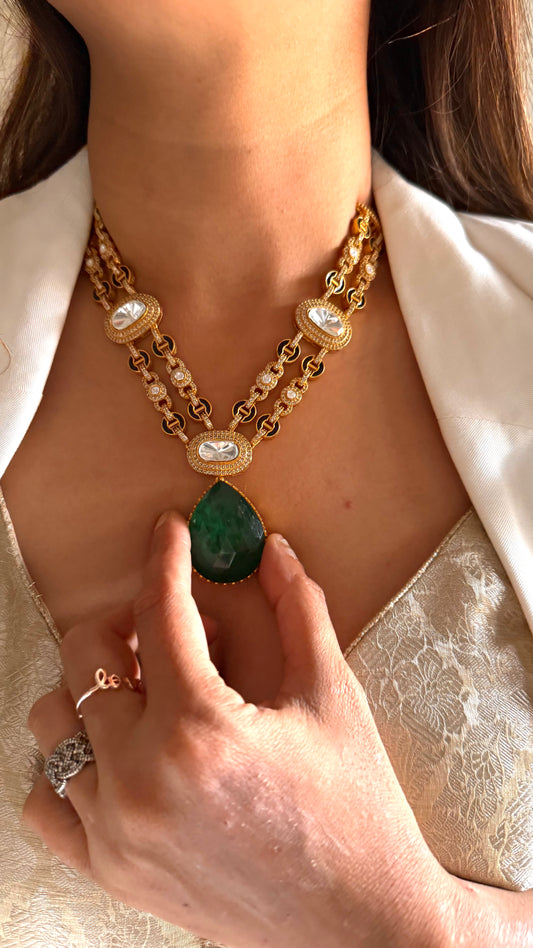 Rima Emerald drop moissanite polki collar necklace