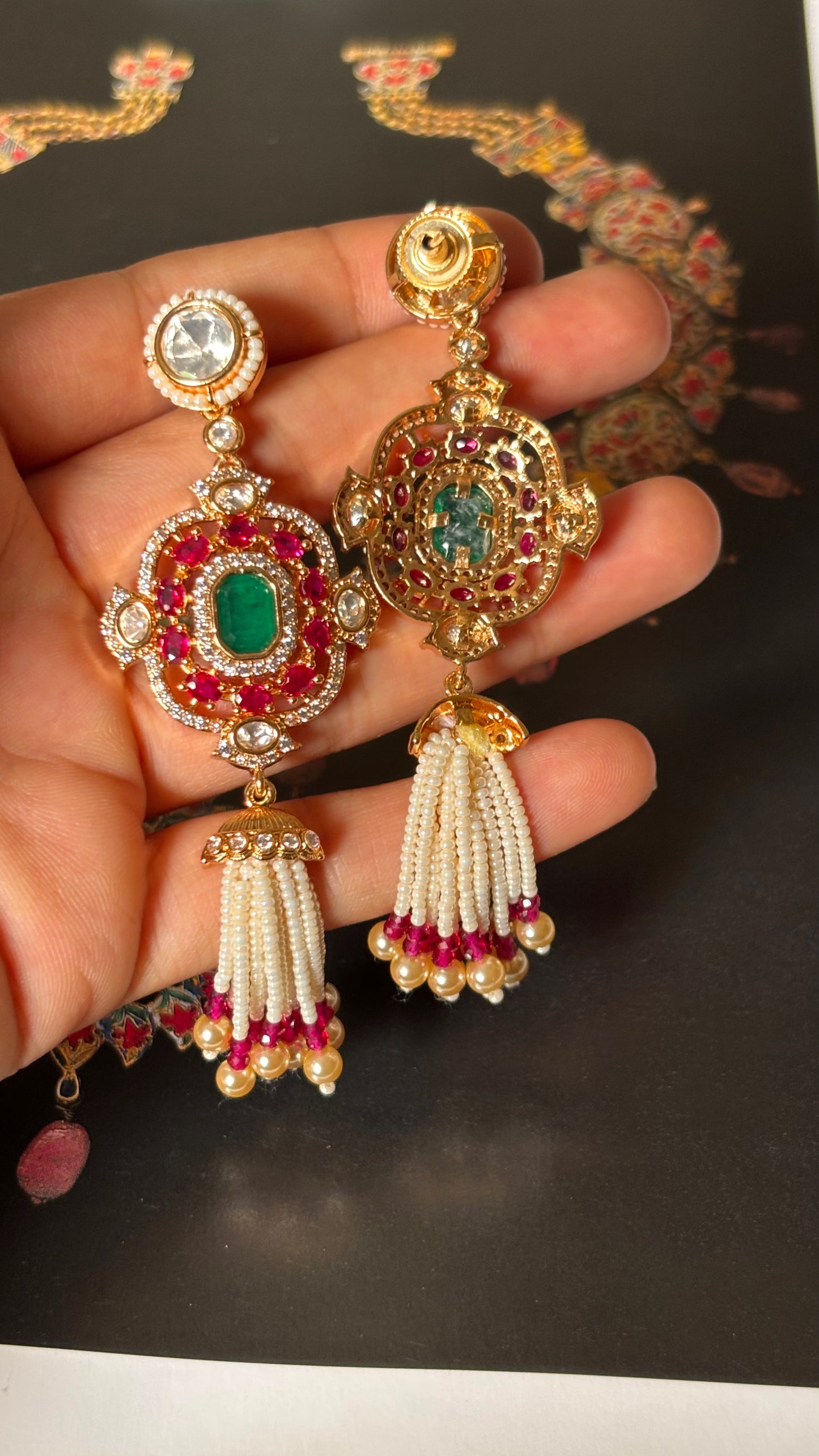 Rani pink doublets & emerald with pearl detailing jhalar Earrings