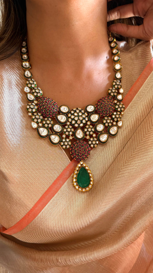 Kiran Emerald meenakari & ruby Moissanite polki collar necklace