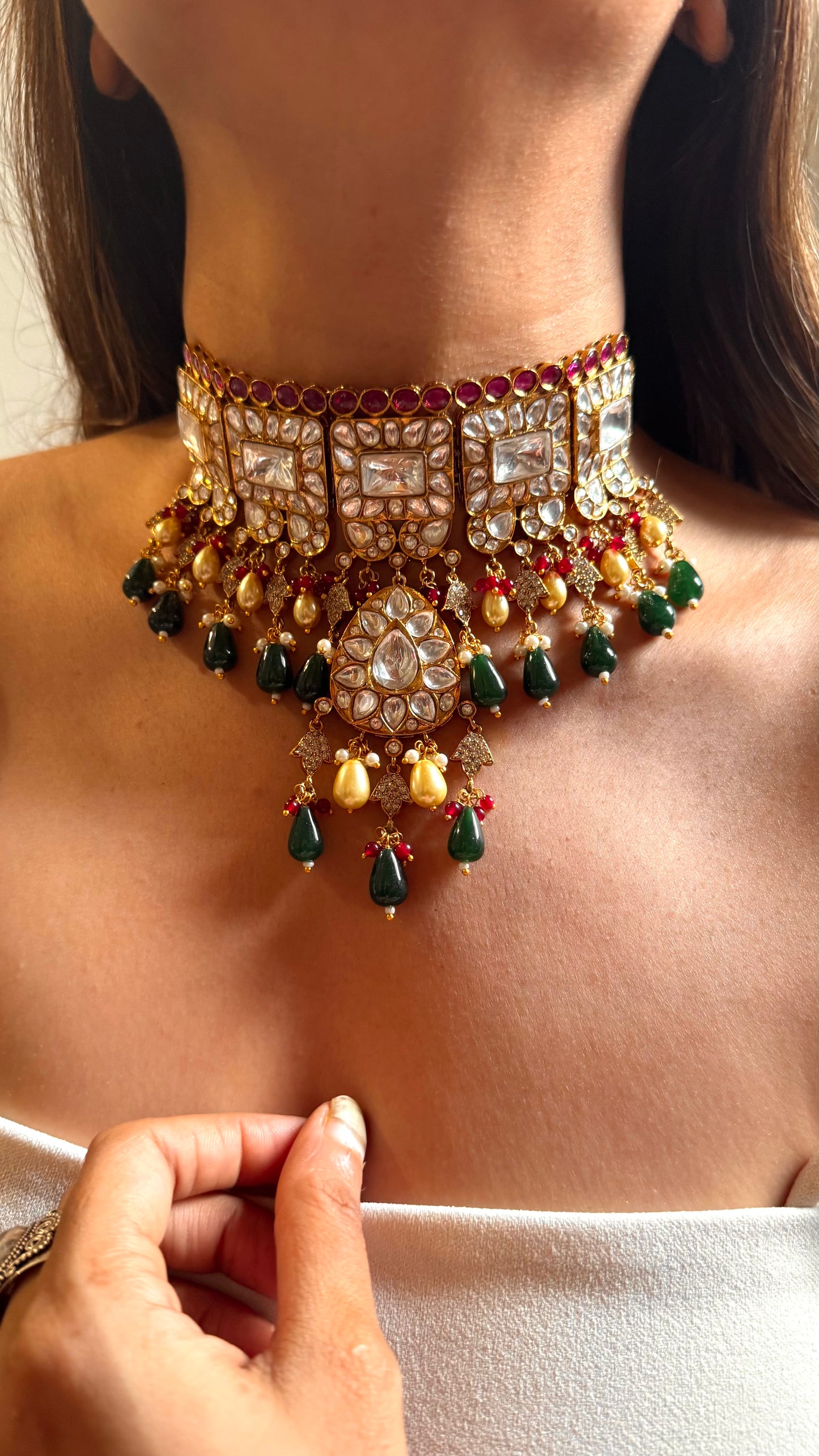 Ruby & polki kundan with emerald & pearl drop choker set