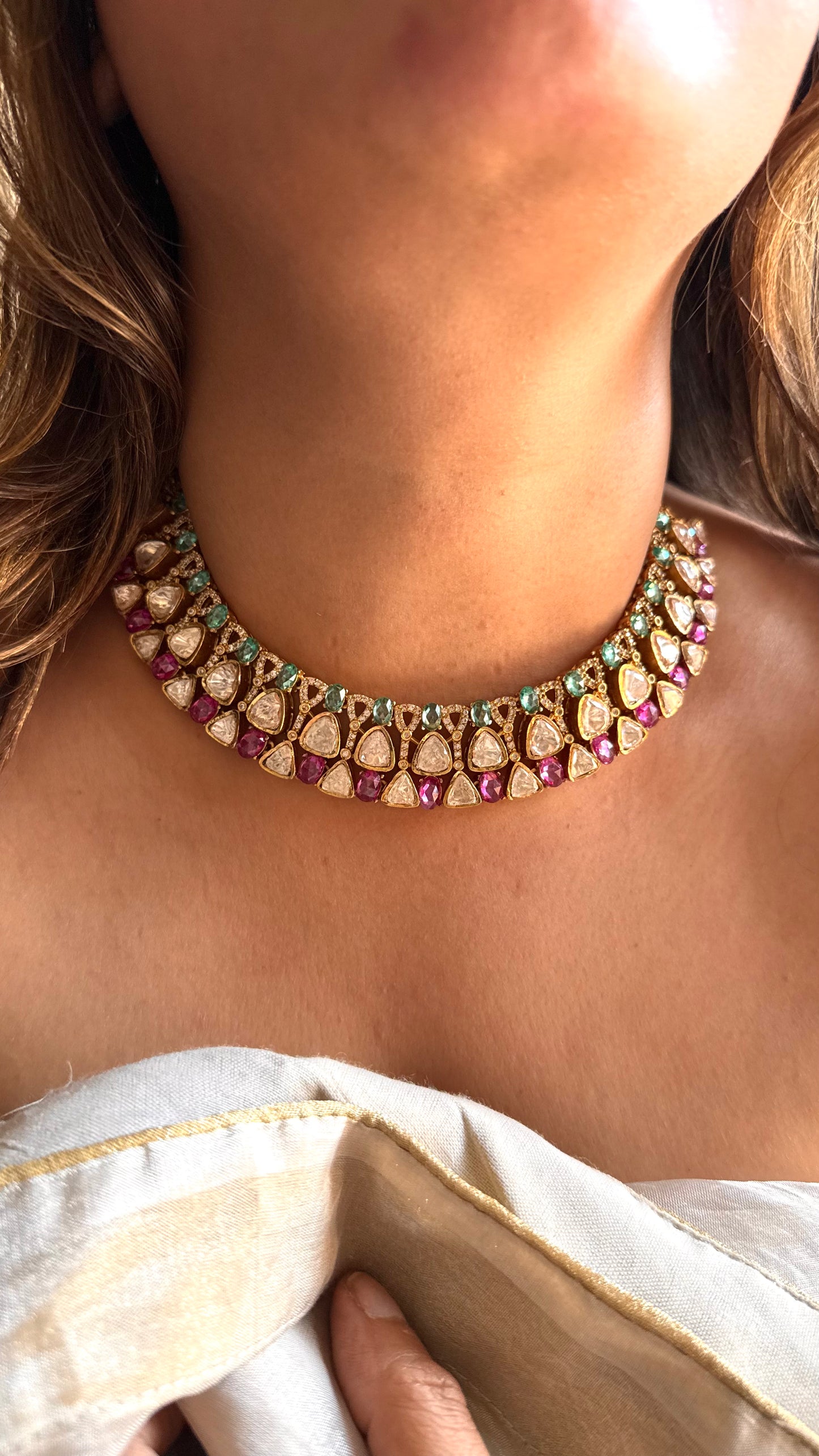 Mint & Pink LV Polki collar necklace