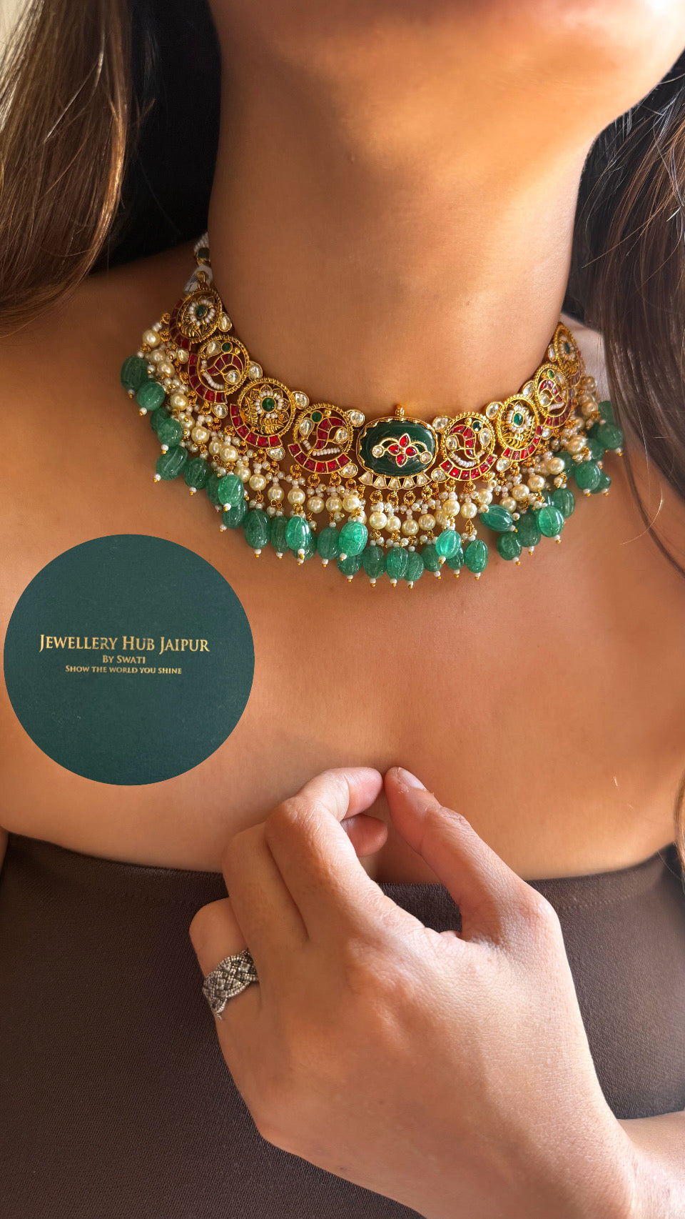 Emerald inlay work heritage necklace, set with Emerald detailing