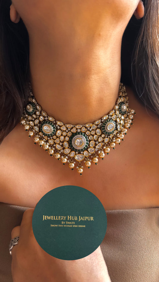 Emerald uncut polki with drops designer Necklace