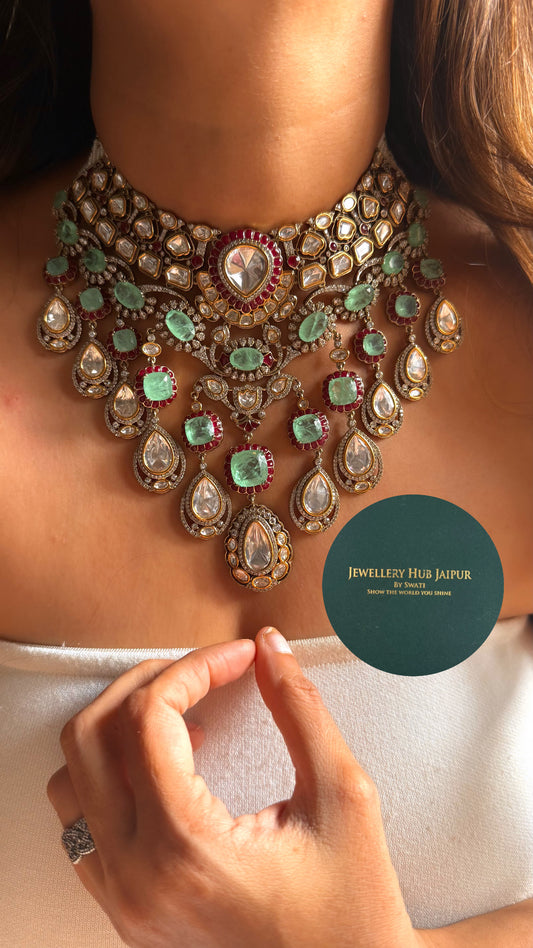 Mint doublet & rani pink moissanite uncut polki bridal choker set