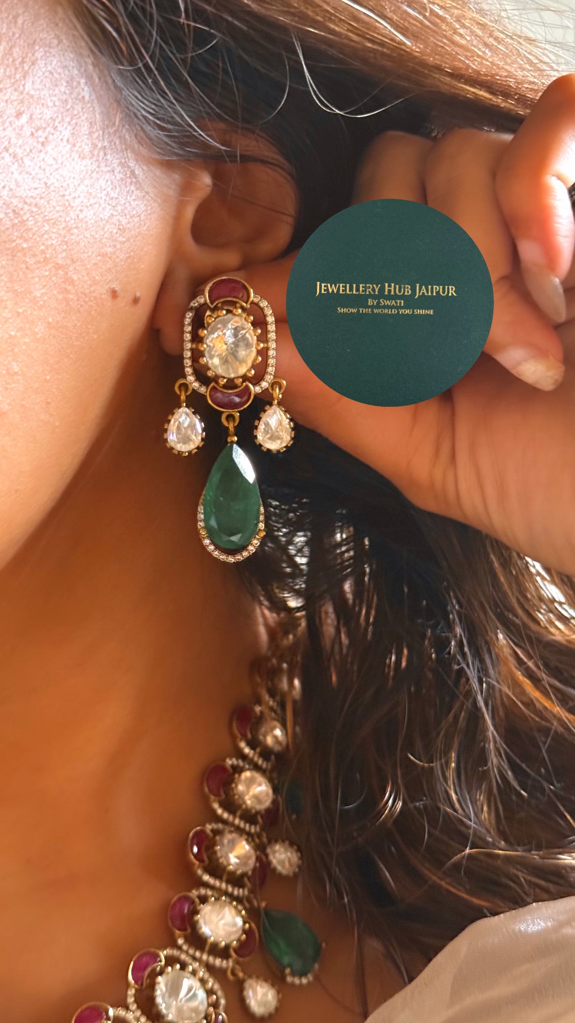 Emerald doublet drop with ruby katdana polki collar set