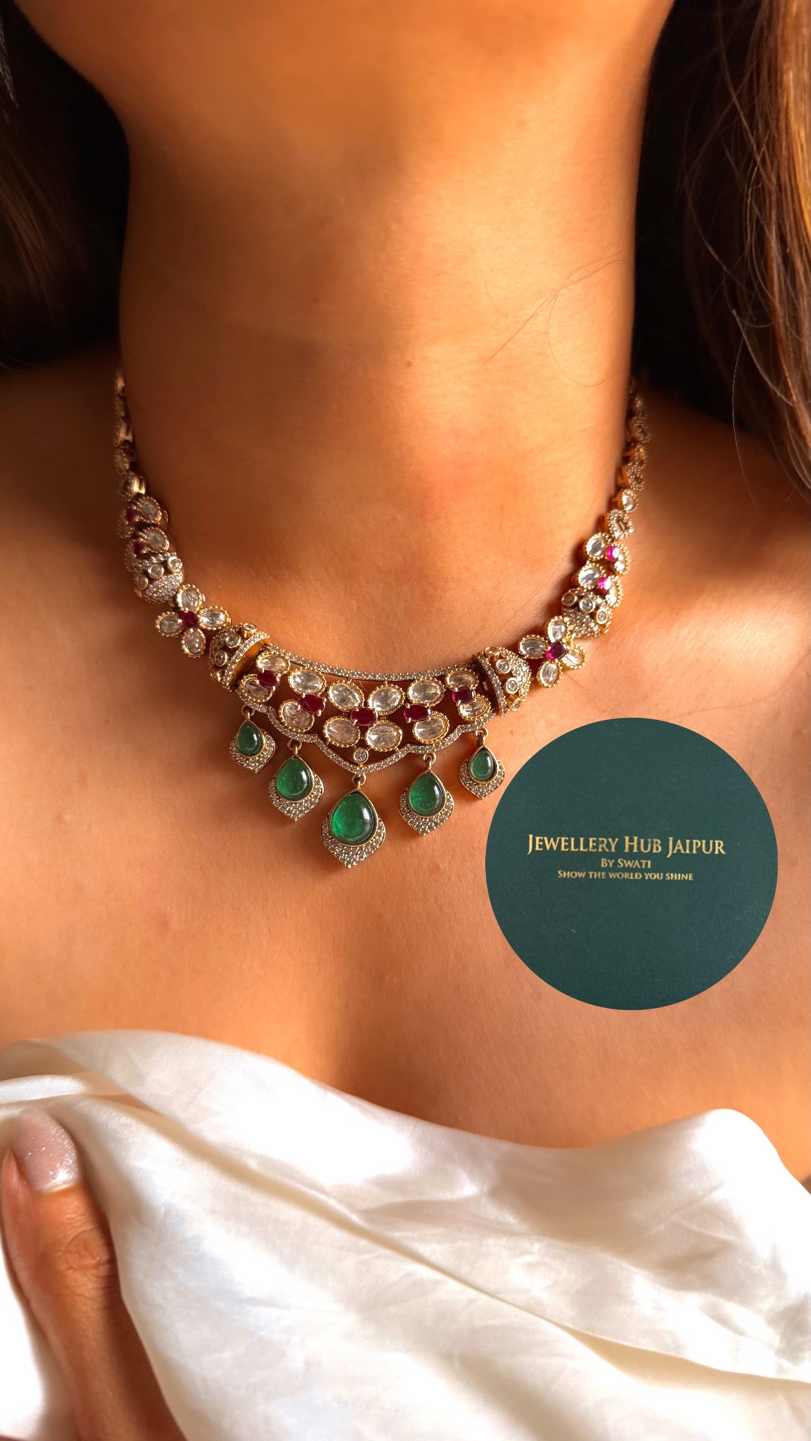 Emerald doublet & rani pink Moissanite collar set