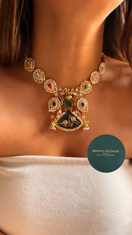 Real moissanite navratna designer inlay collar necklace