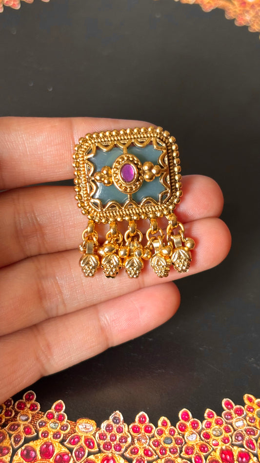 Rani pink with gungroo drops golden adjustable ring