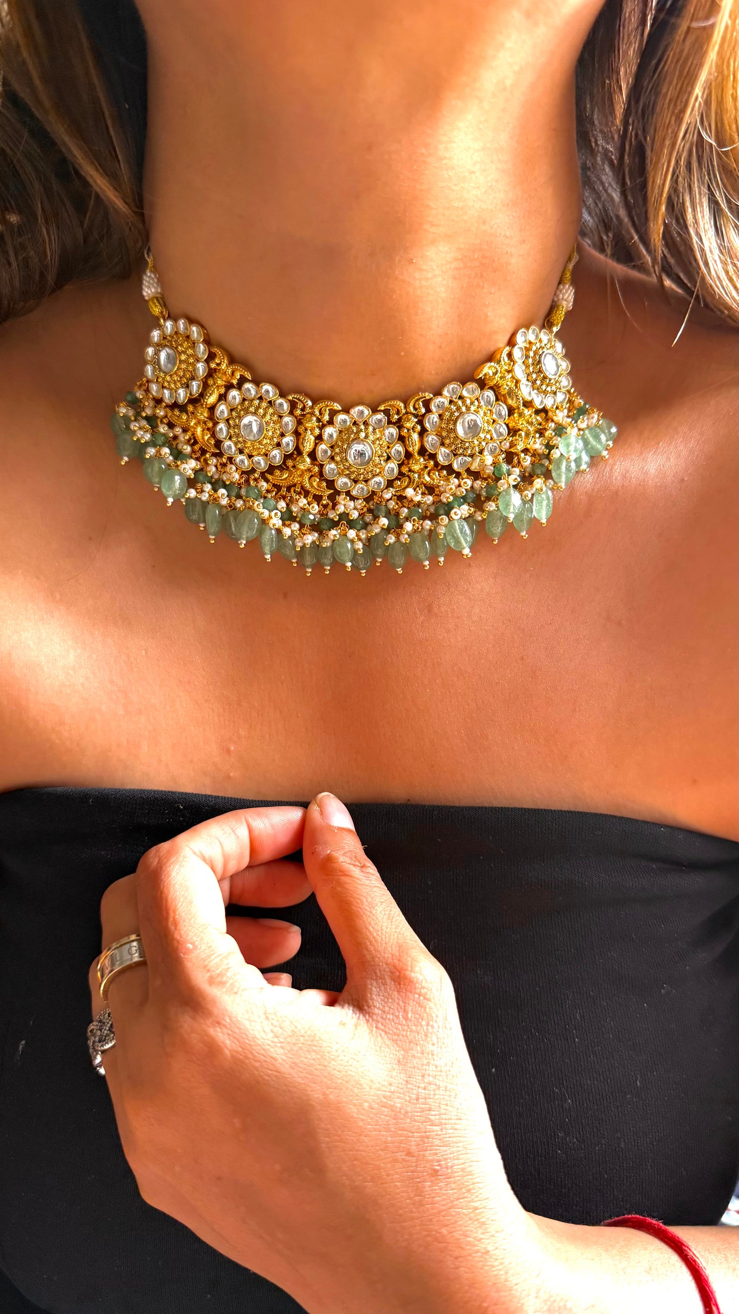 Floral designer necklace with mint strawberry detailing