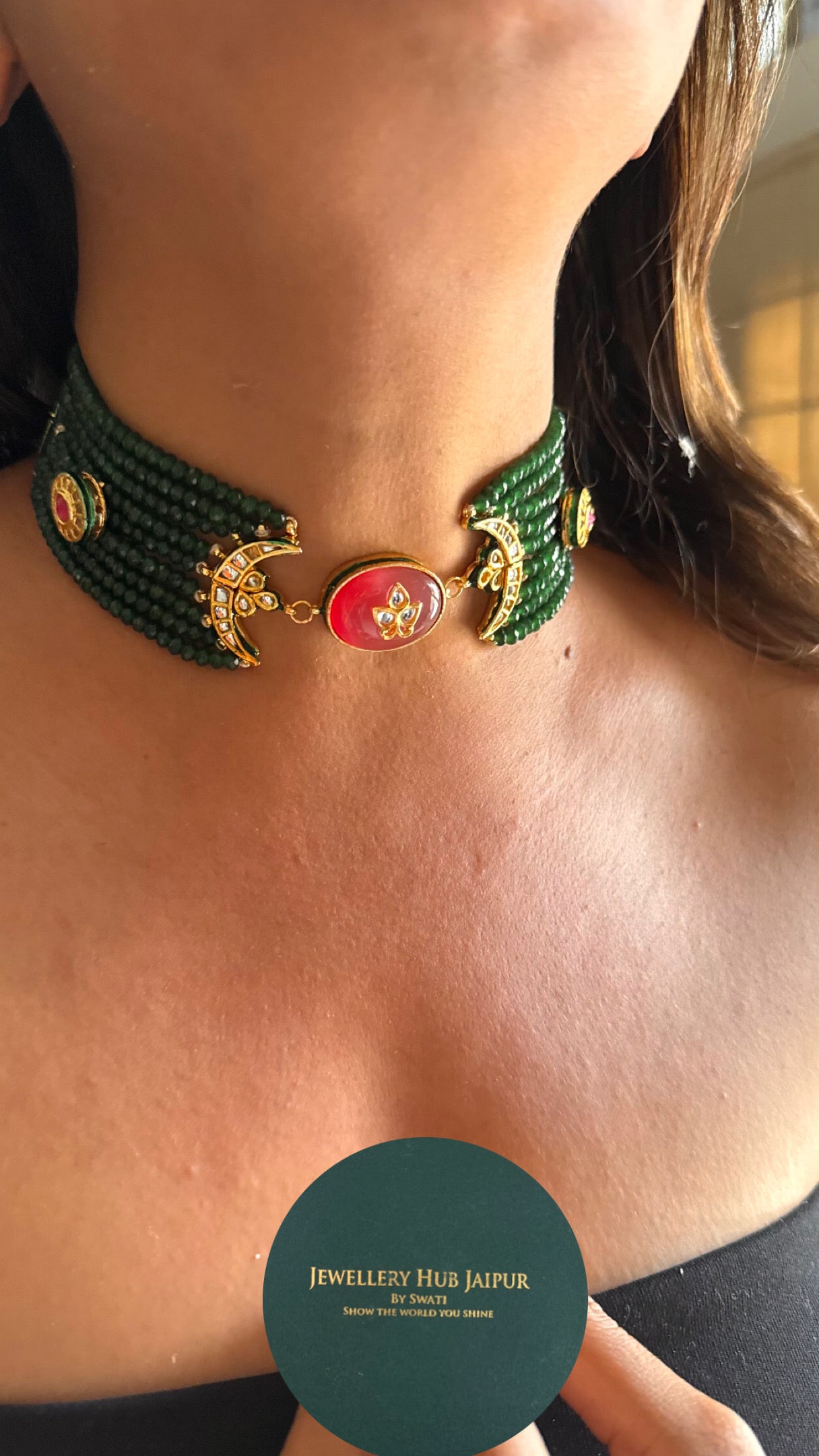 Rose quartz inlay meenakari with emerald pearl detailing choker Necklace