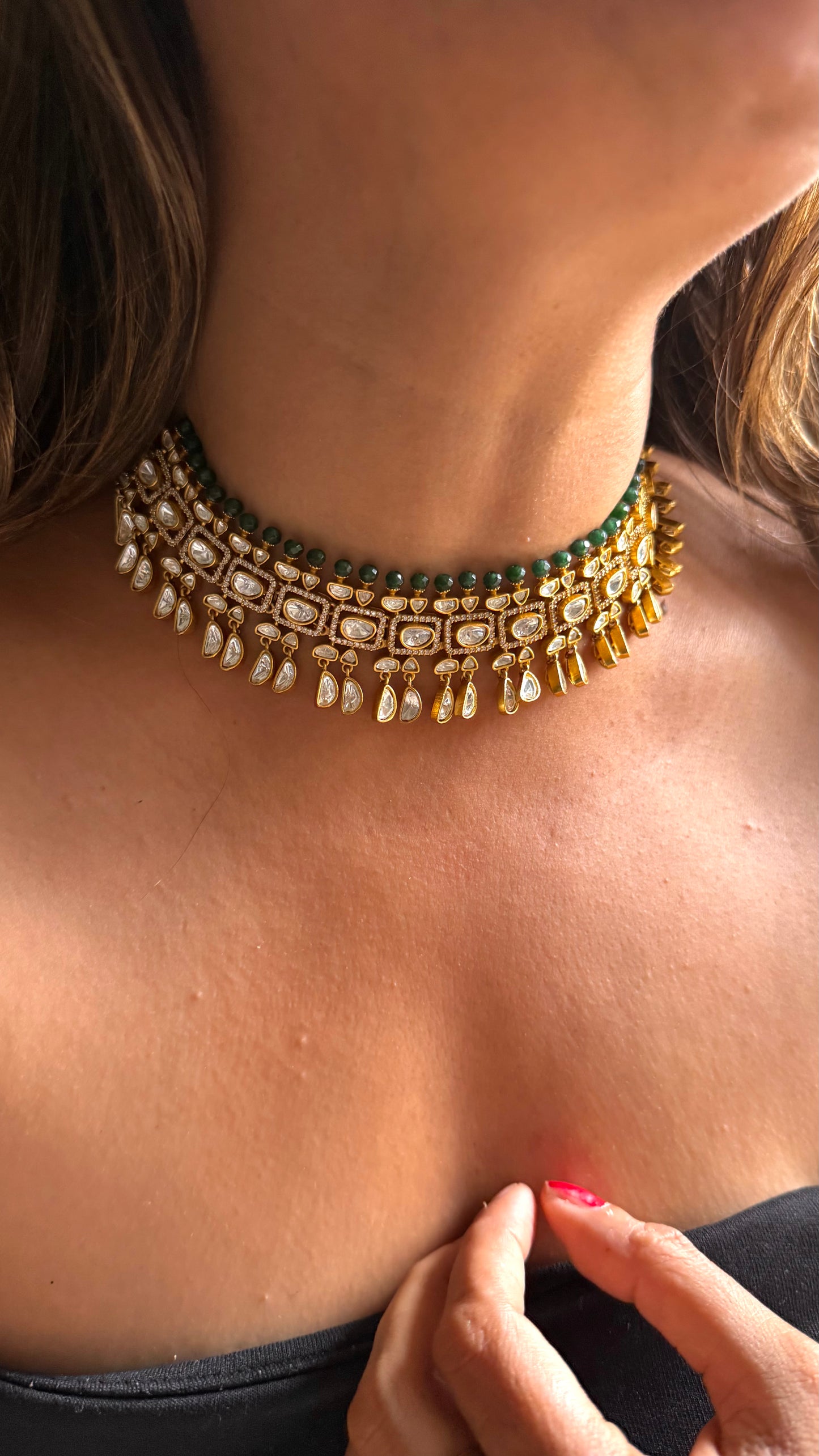 Emerald polki choker necklace