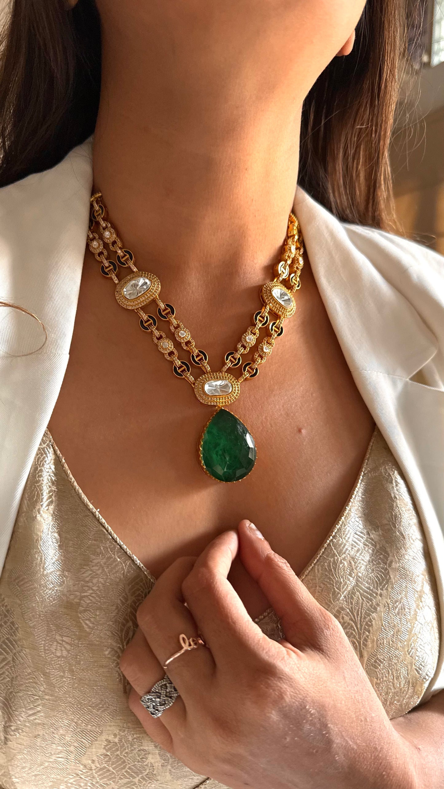 Rima Emerald drop moissanite polki collar necklace