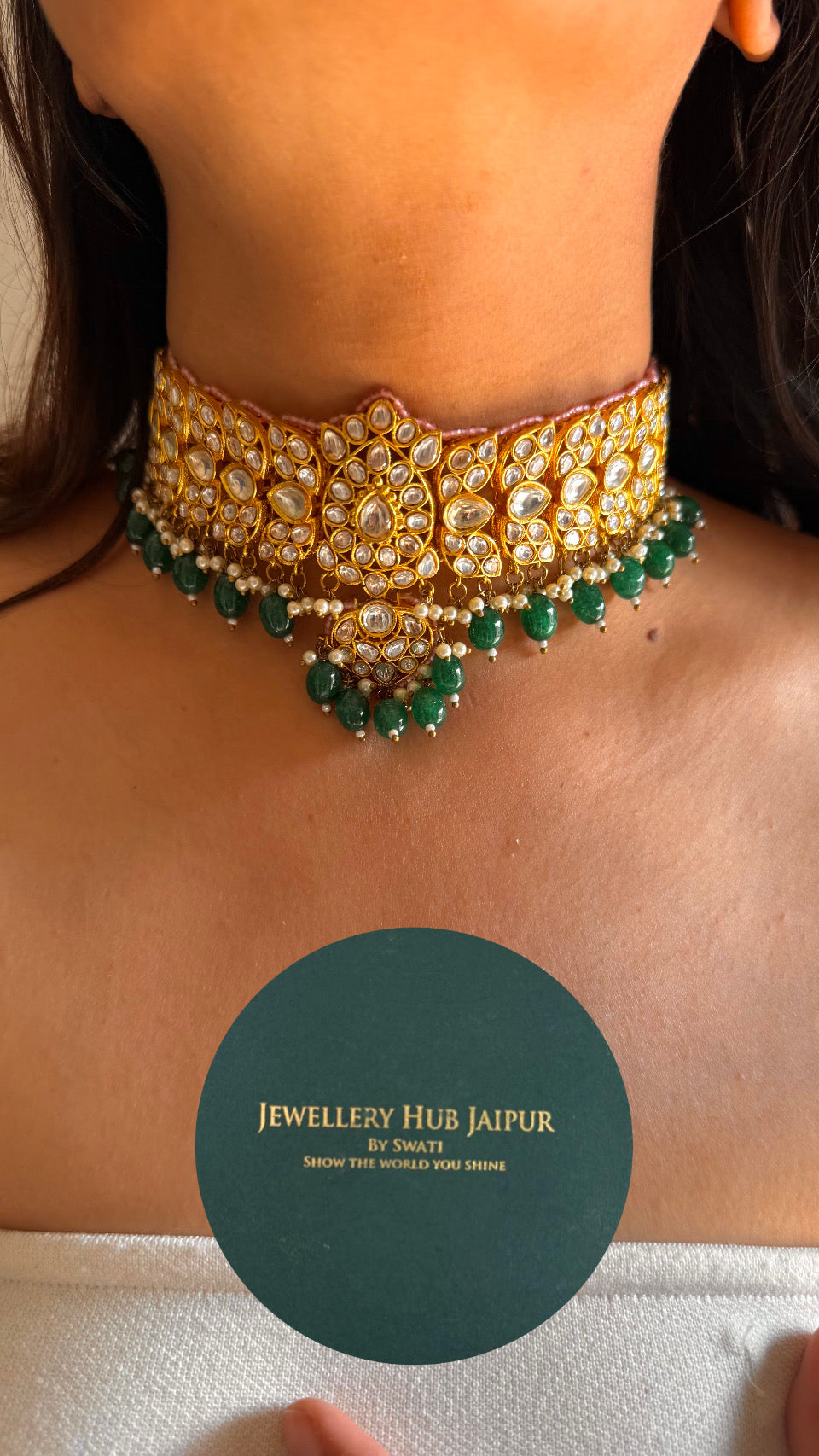 Polki emerald pink choker necklace
