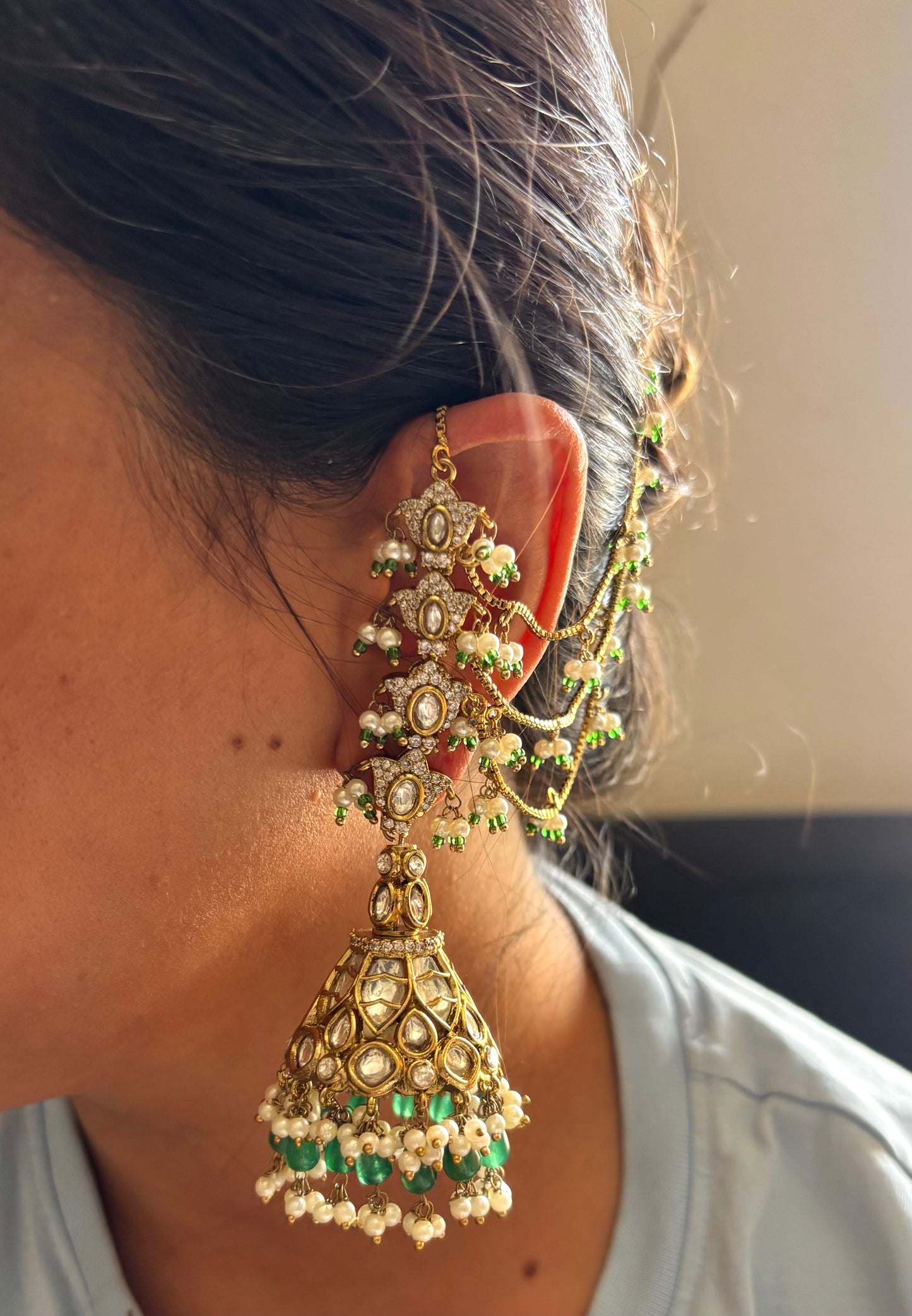 Polki Jhumki emerald pearl detailing with attach kaan chain Earrings