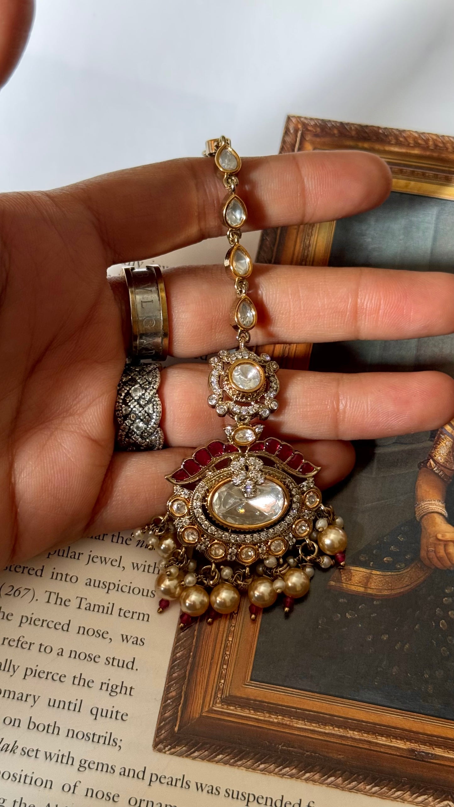 Rani pink ruby with pearl detailing polki maangtika