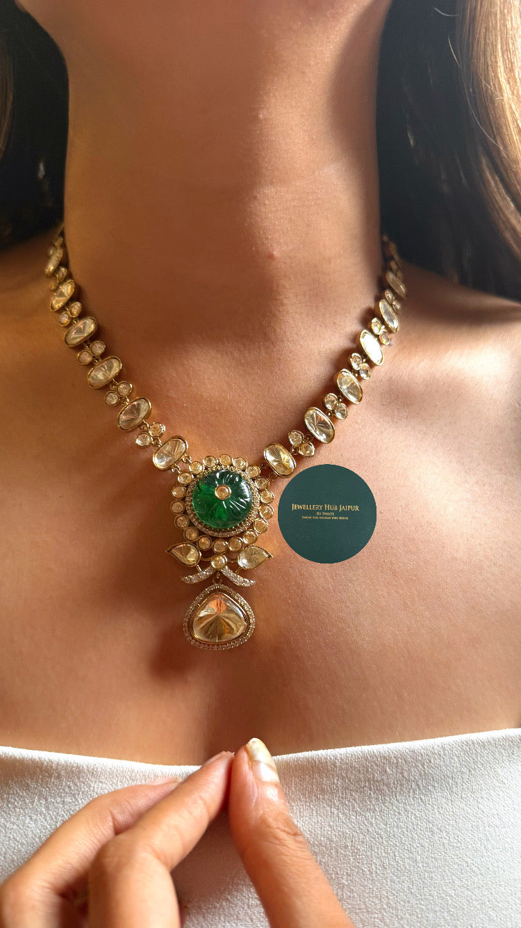 Emerald doublet inlay moissanite polki set