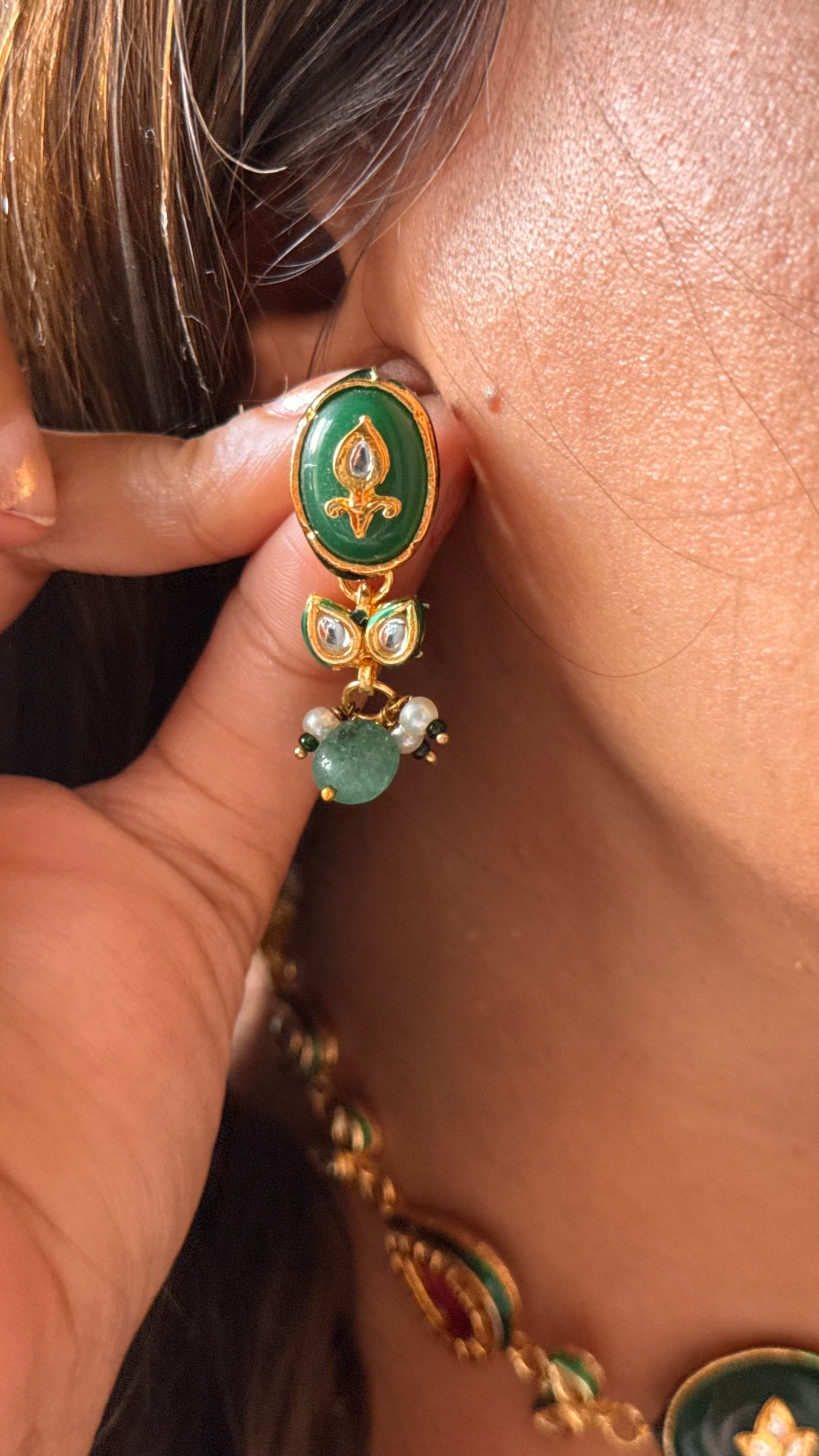 Emerald inlay with ruby meenakari & mint drops minimalist Necklace