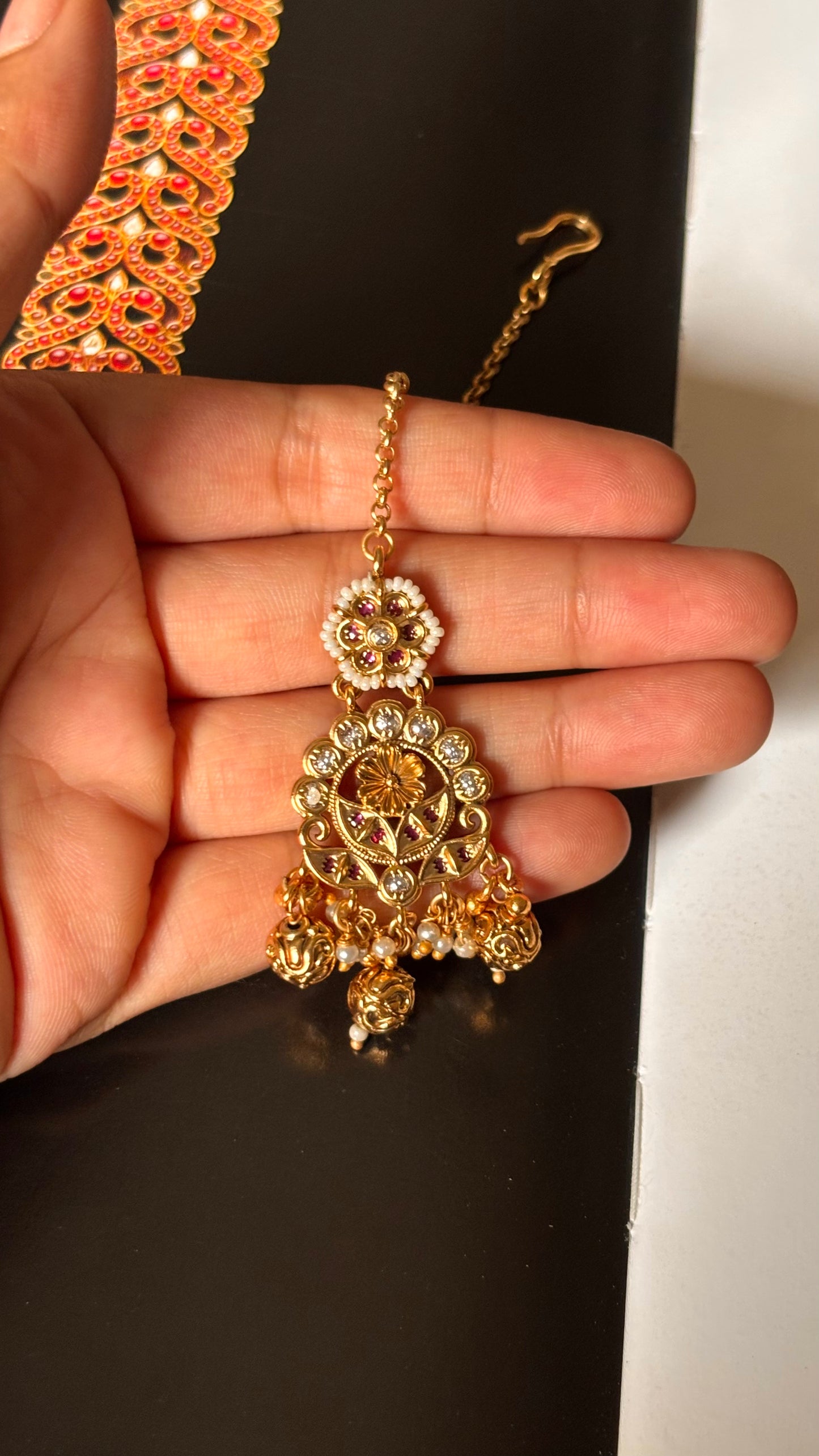 Ruby floral with gungroo drops golden Maangtika