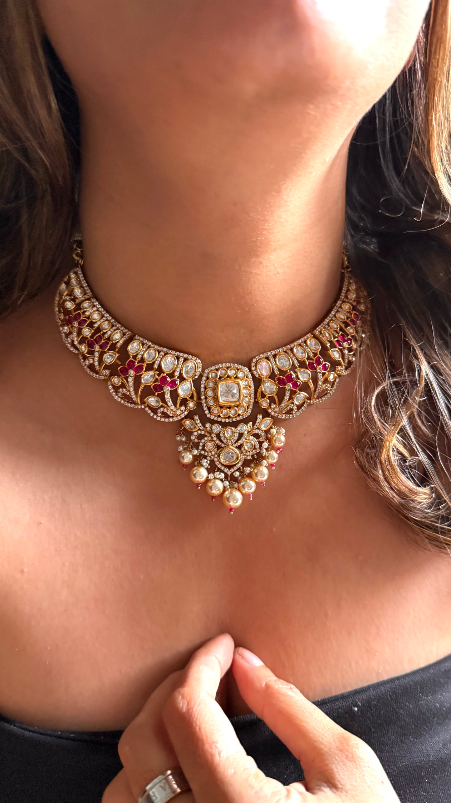 Ruby Moissanite Polki Necklace ( dual Polish)