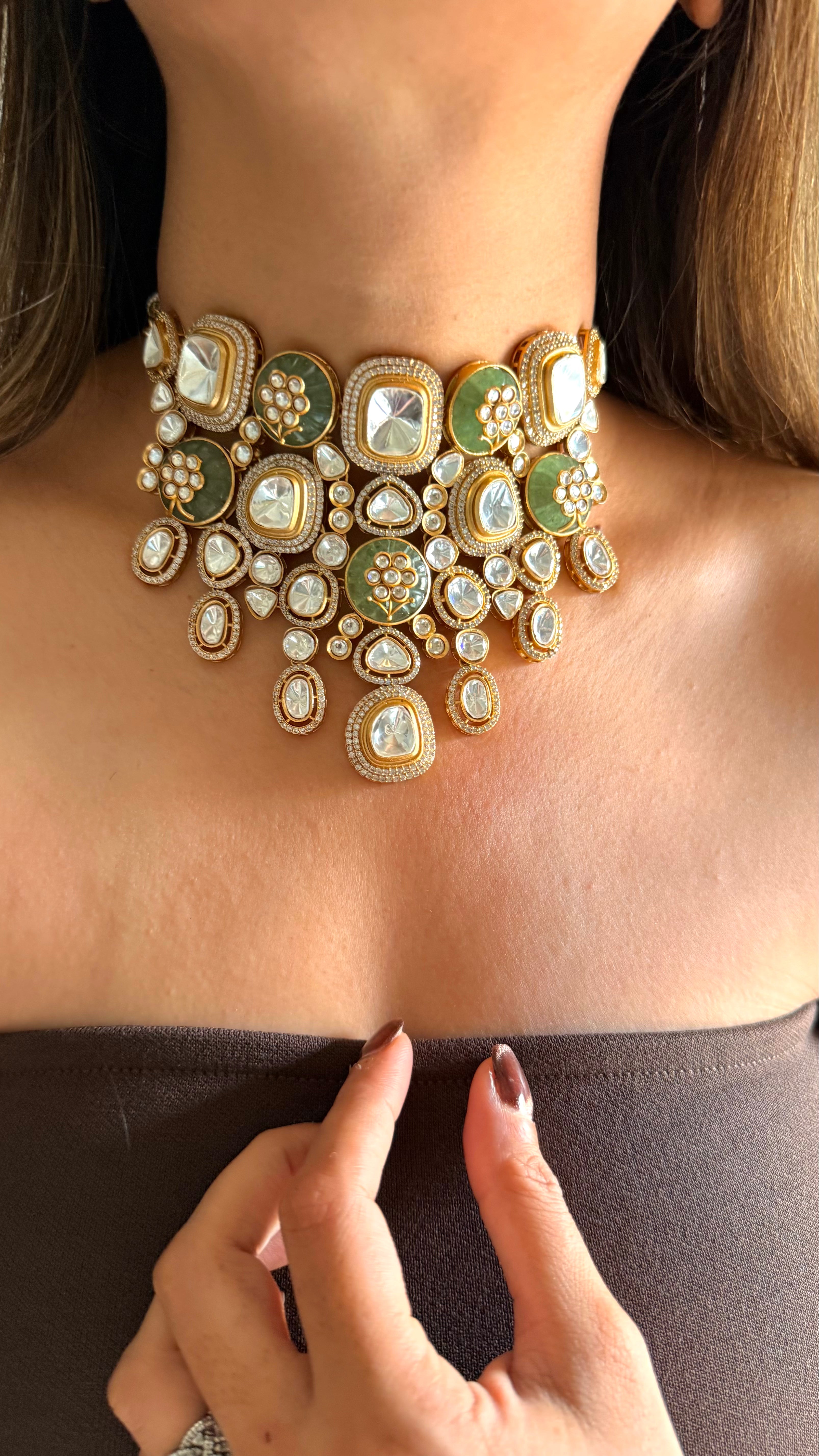 Mint doublet & Moissanite polki choker