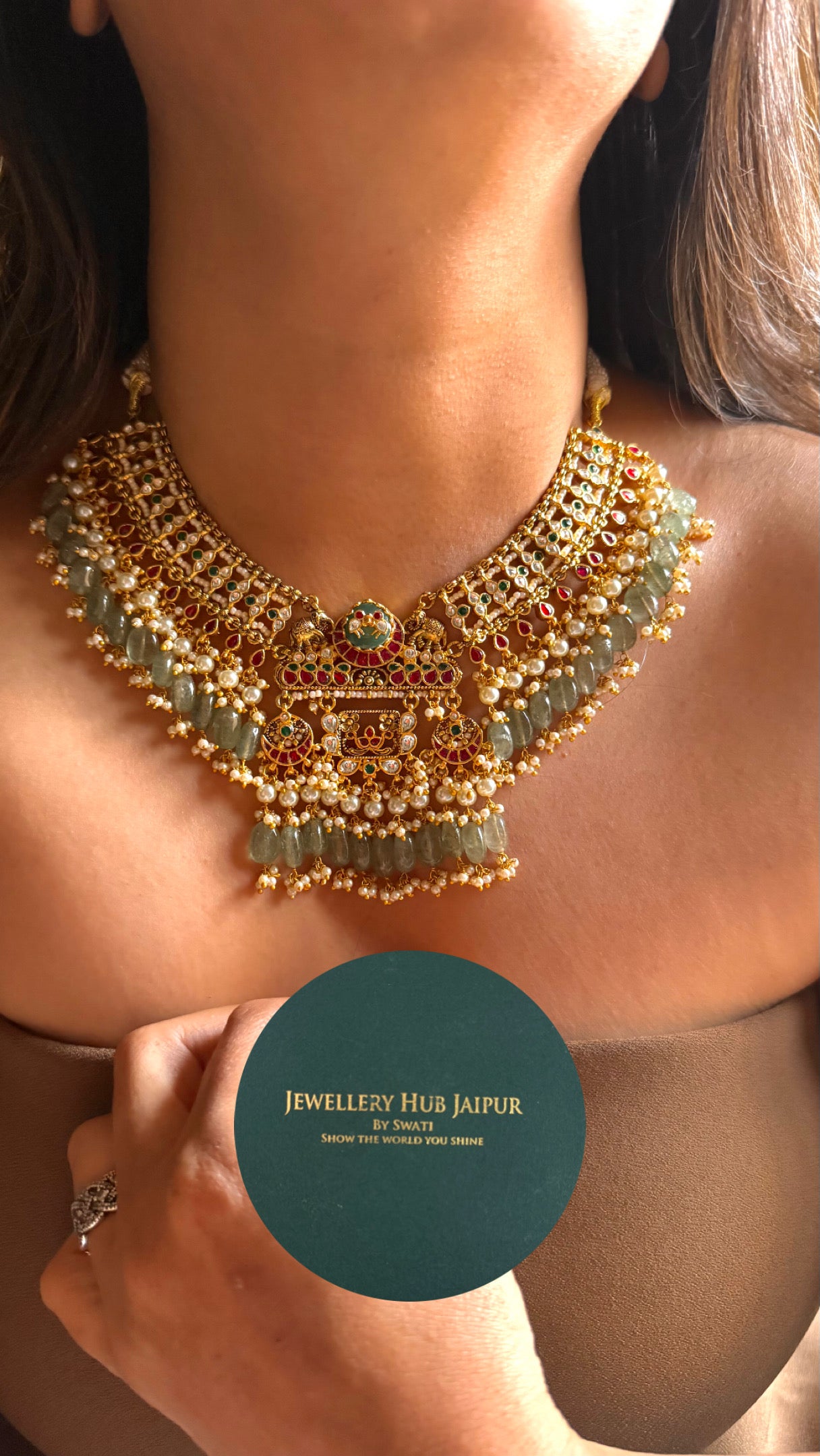 Handmade real jadau paachi collar Necklace