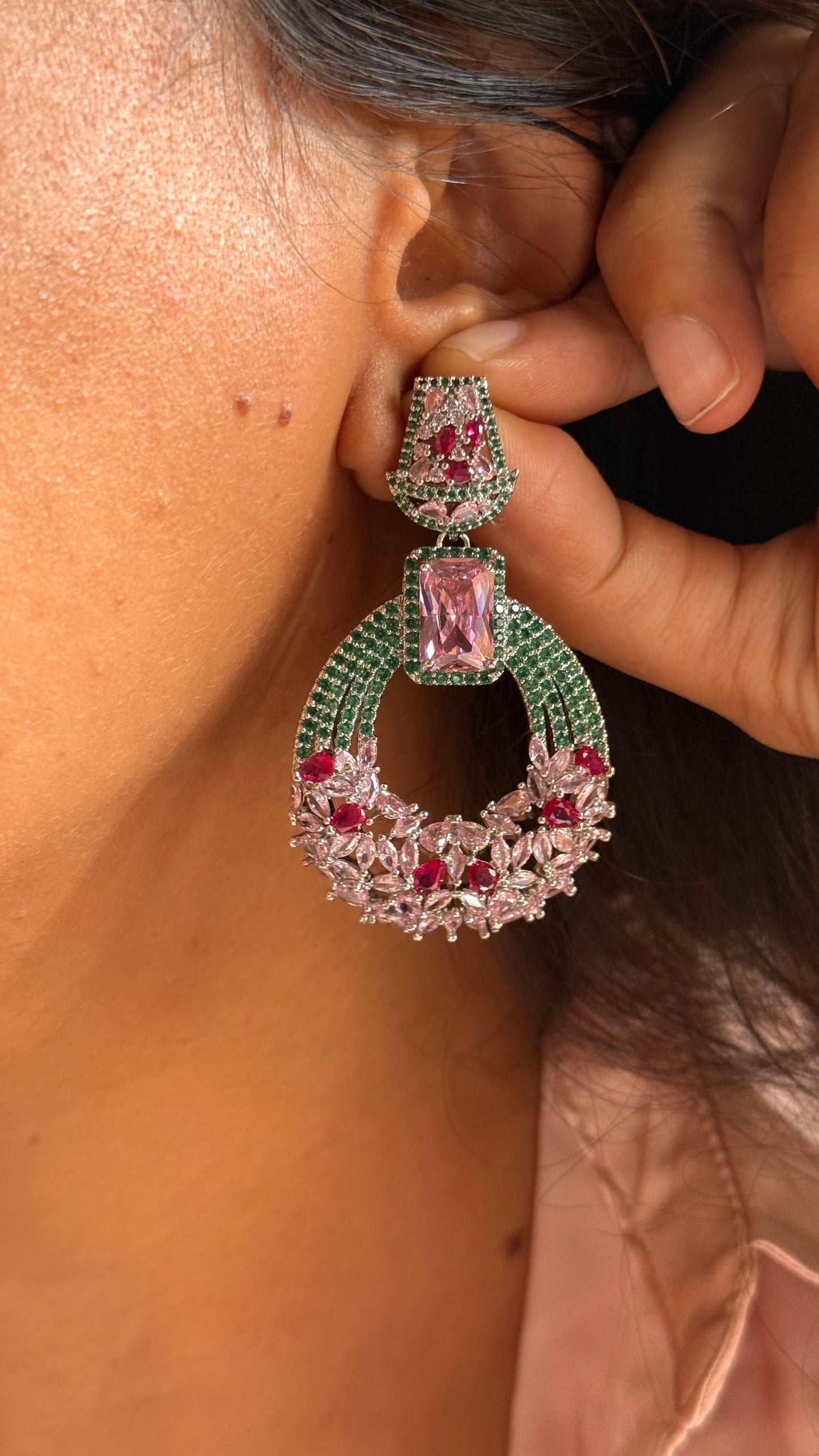 Pink and Green Zircon Statement earrings