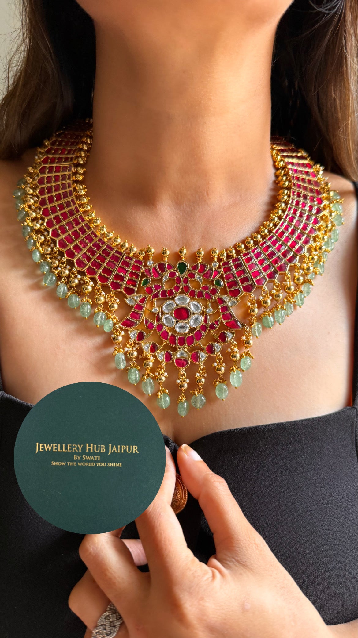Real Kemp Rani pink & emerald paachi rajwada with mint drop collar set