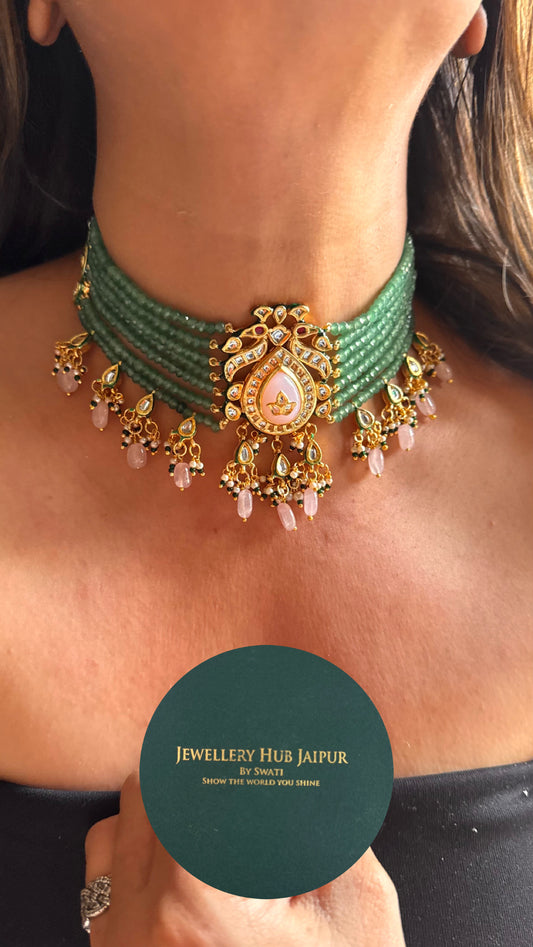 Rose quartz inlay with emerald pearl detailing meenakari choker Necklace