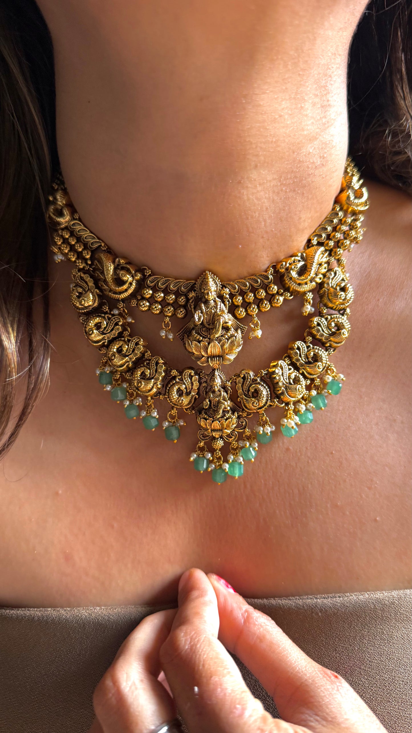 Goddess Laxmi Temple necklace with mint drop detailing
