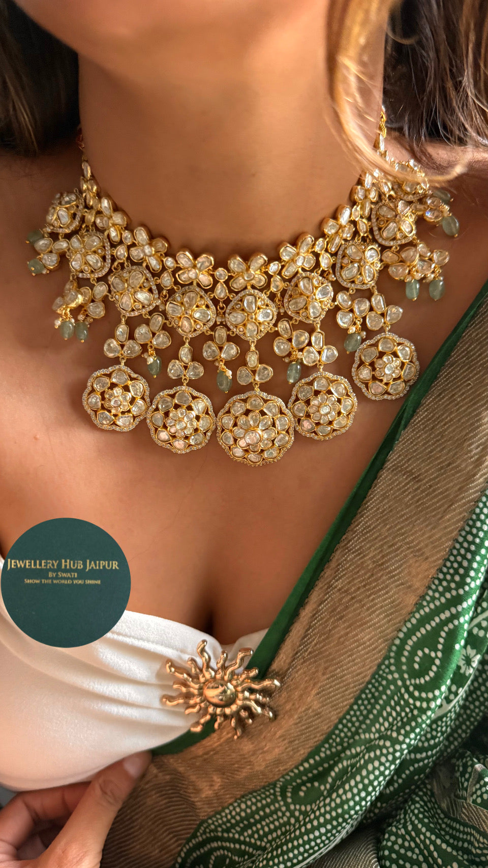 Real Moissanite with peeli polki mint drops necklace