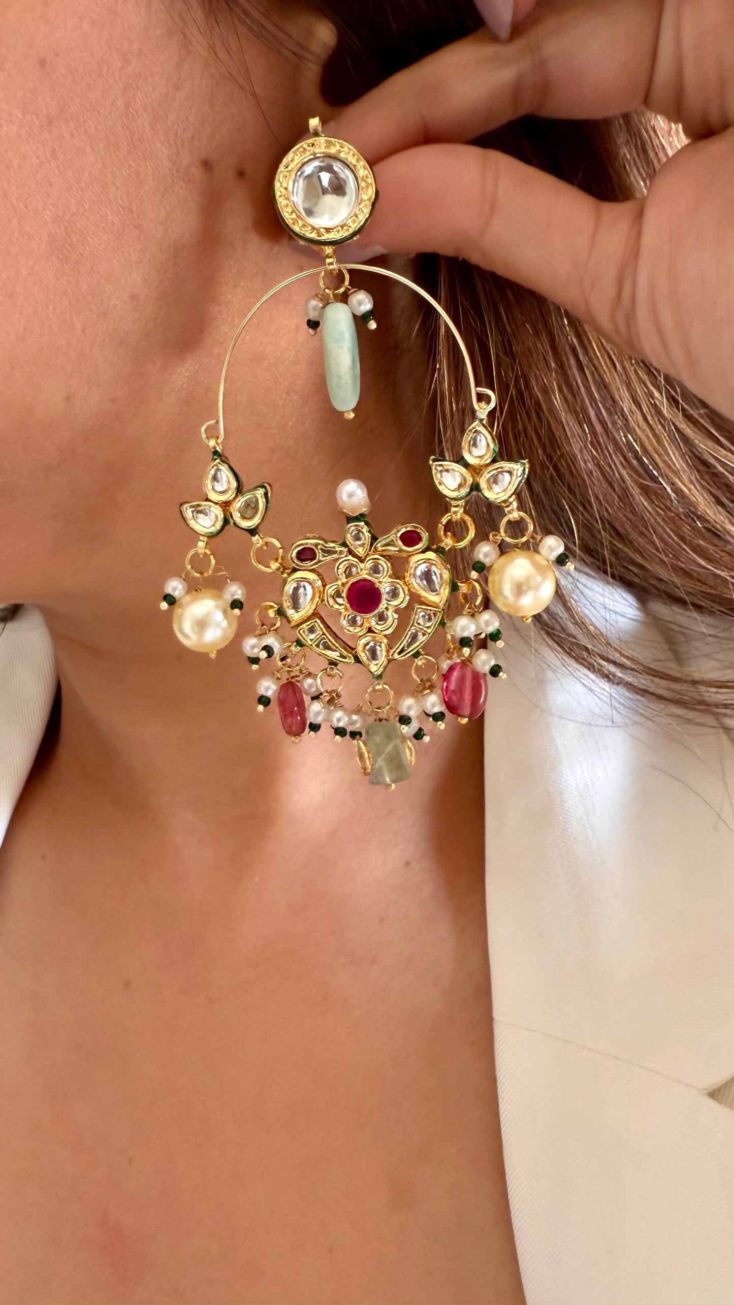 Meenakari ruby drop moissanite polki chandbali