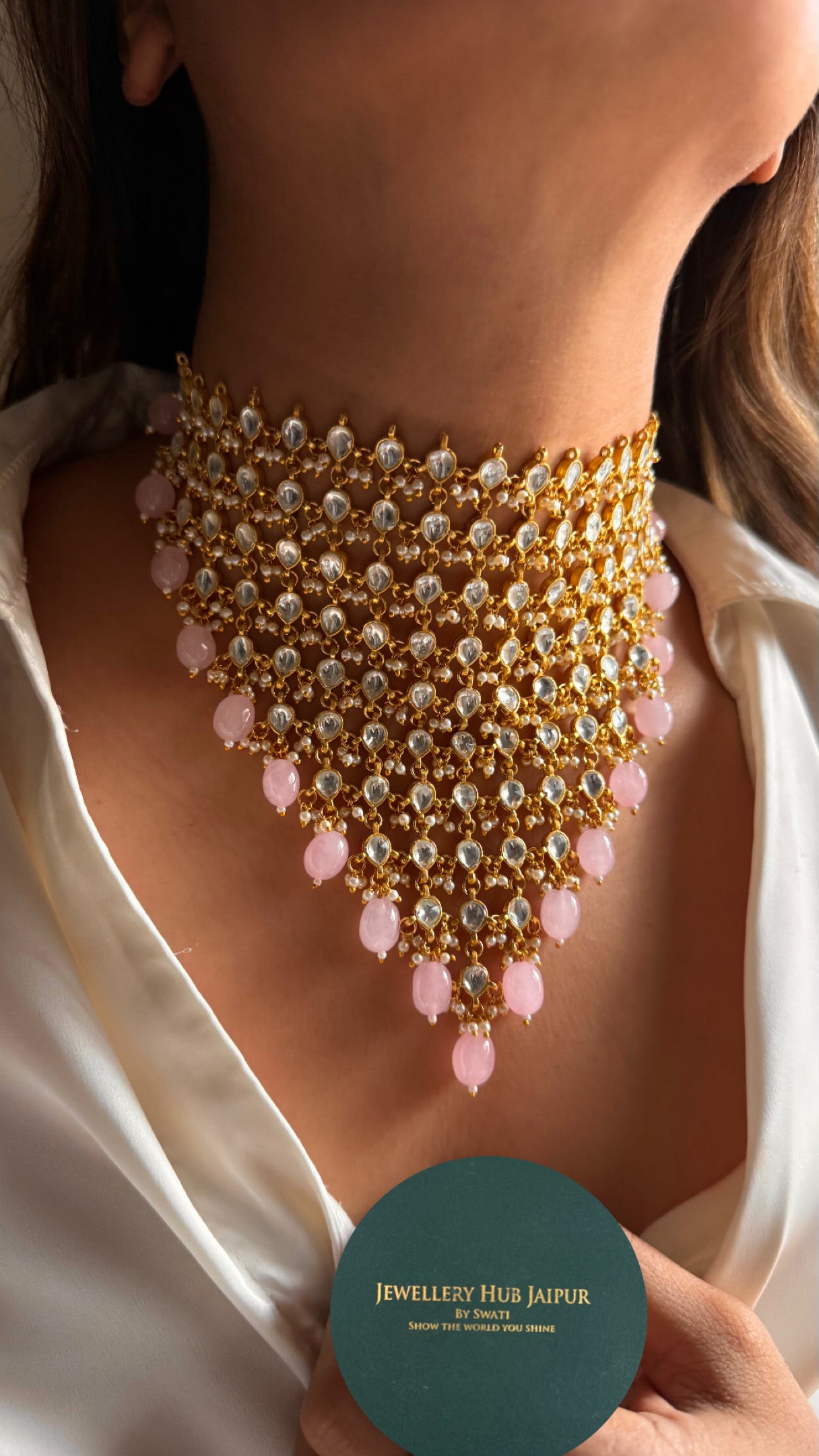 10 layered paachi Kundan rose quartz strawberry Necklace