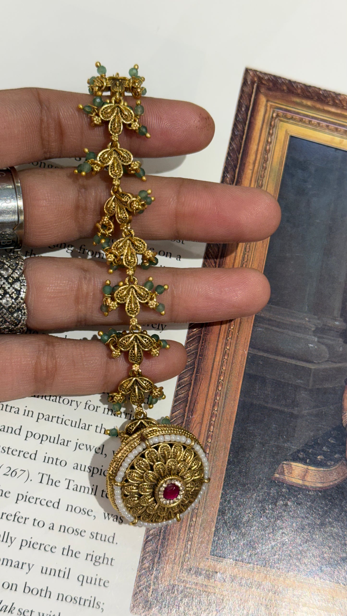 Oxidised gold nakshi borla with mint detailing