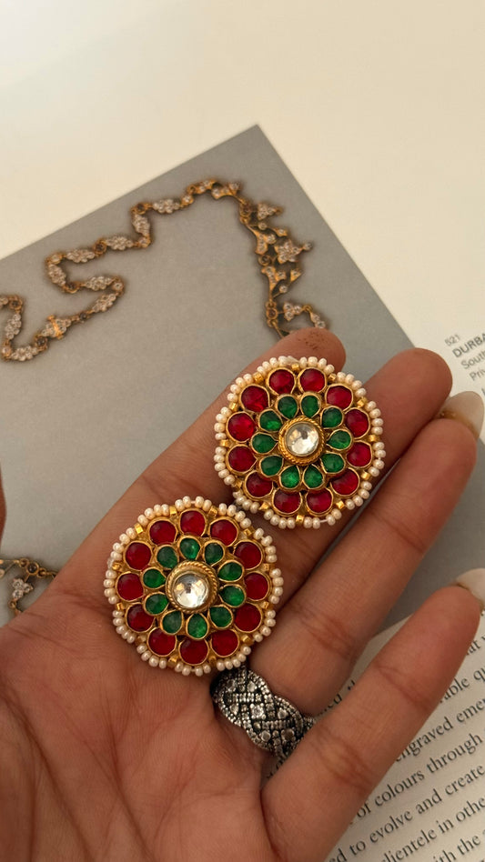 Paachi Rani pink & emerald heritage studs