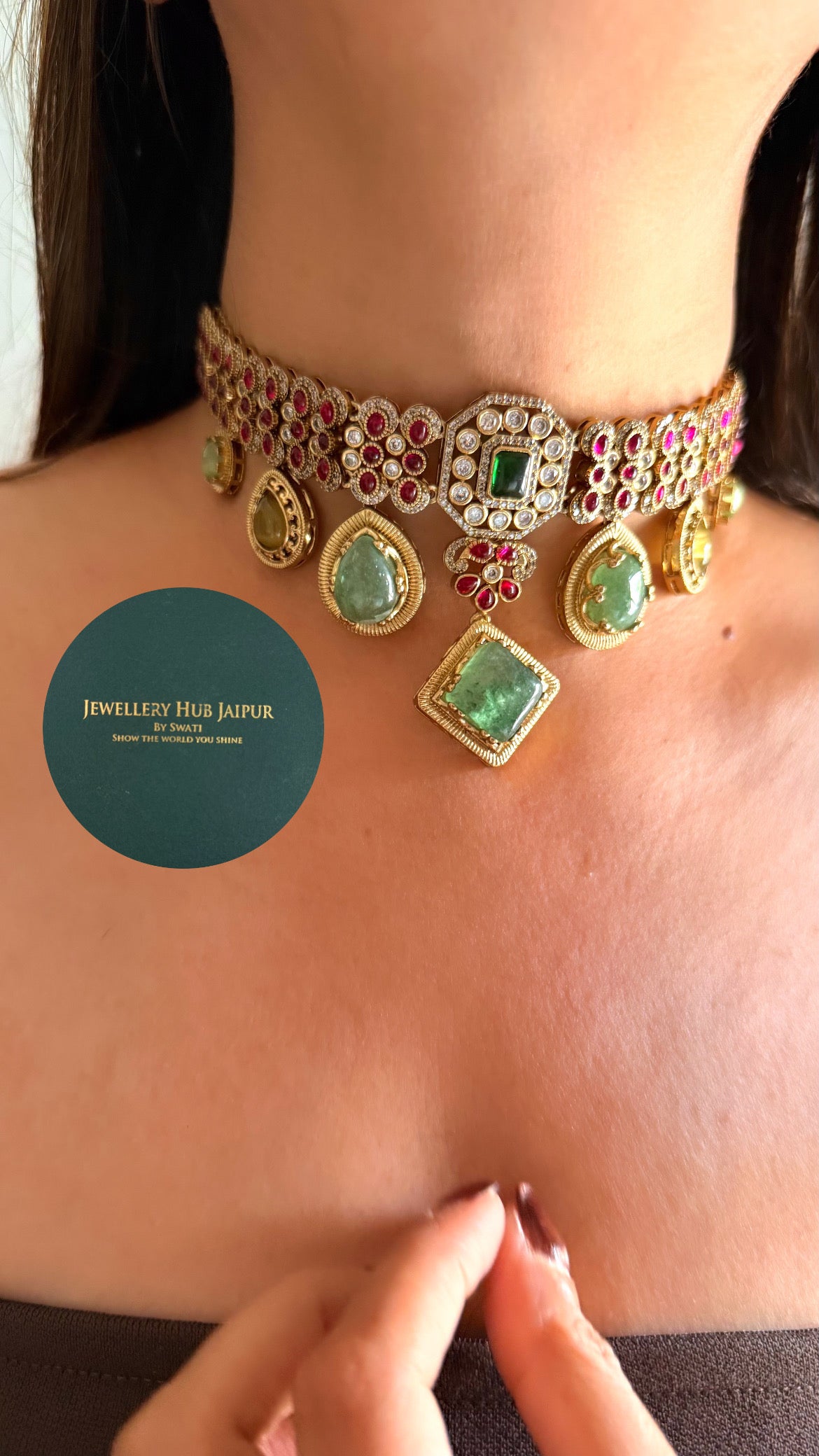 Vanya Mint doublet and rani pink moissanite choker set