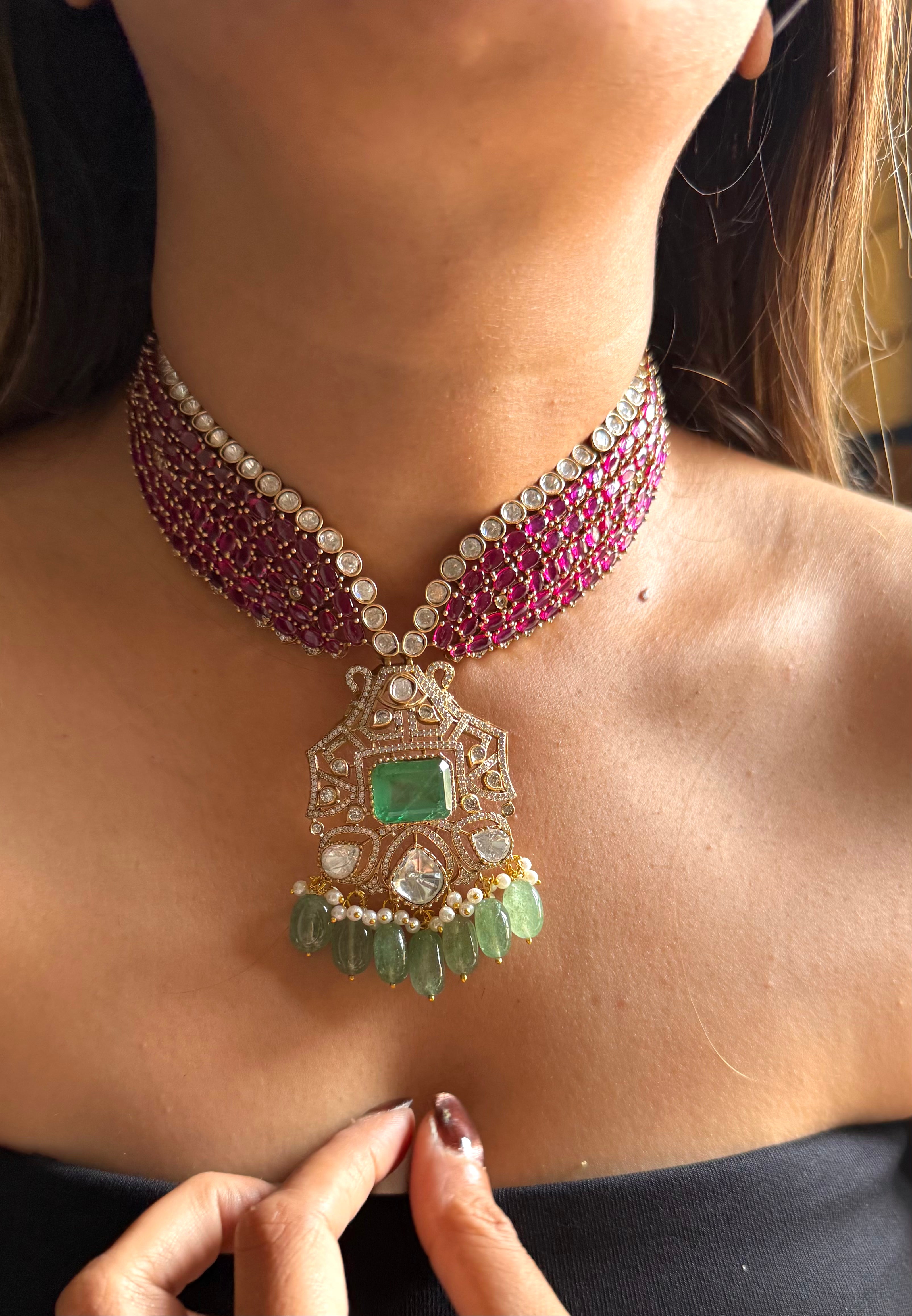 Rani pink & mint moissanite designer necklace with mint drop