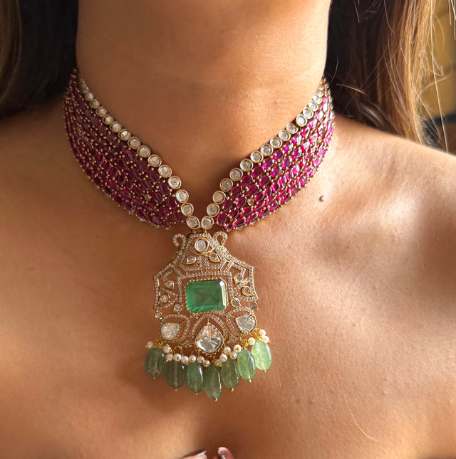 Rani pink & mint moissanite designer necklace with mint drop