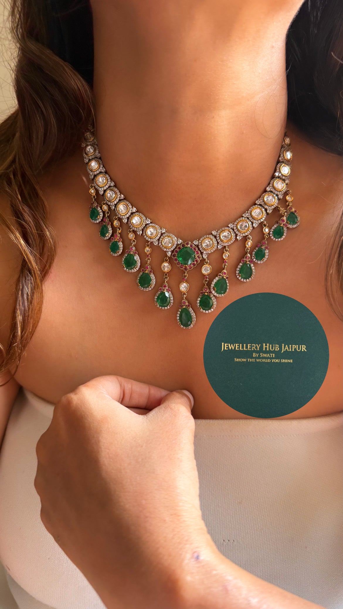 Emerald doublet & rani pink moissanite designer collar set