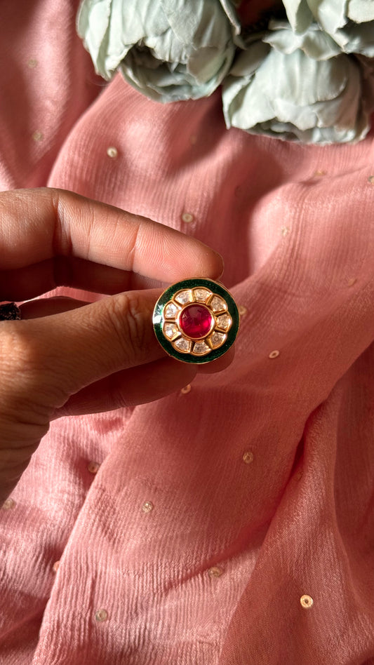 Rubt emerald meenakari gold adjustable ring