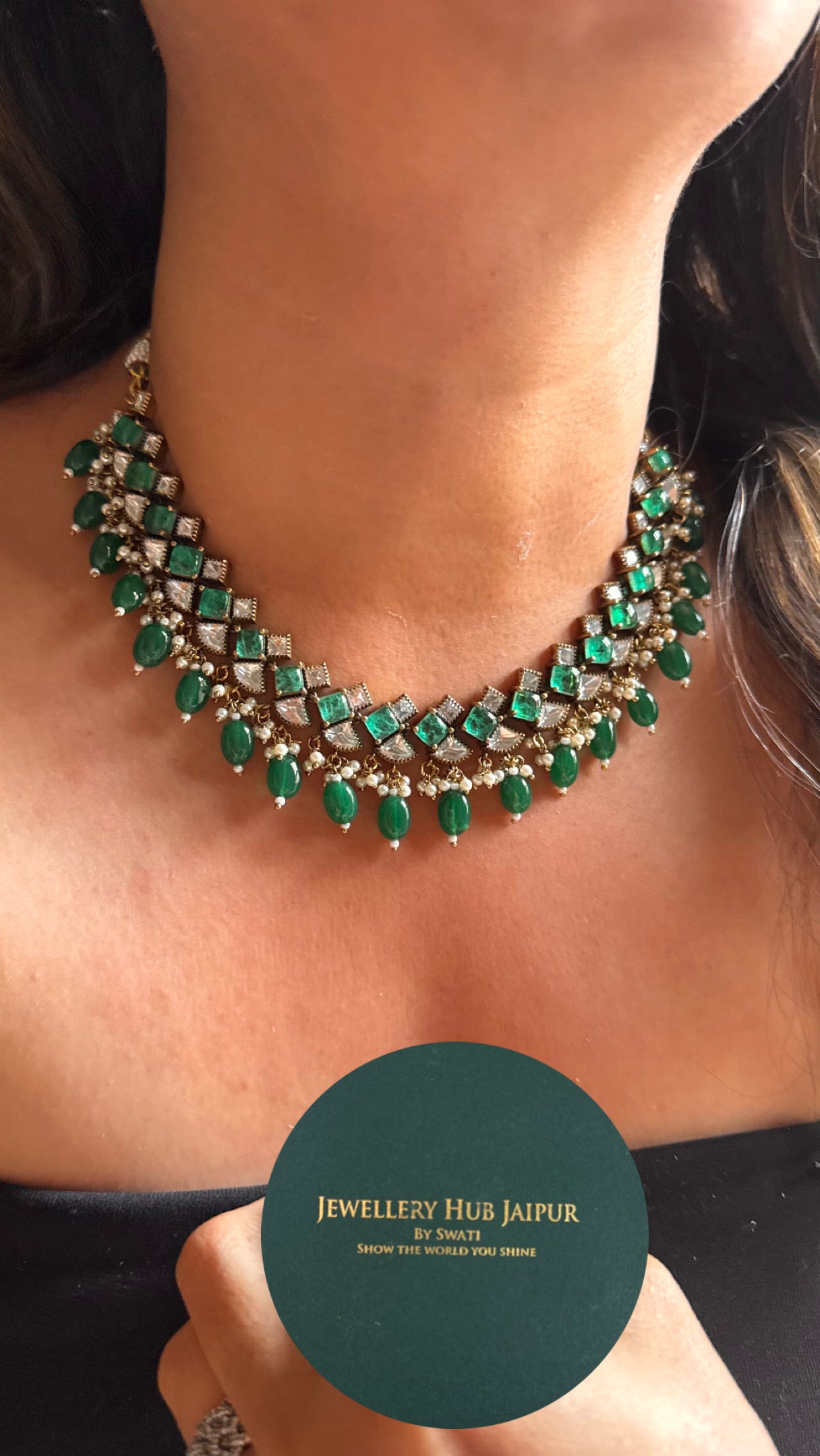 Emerald doublet with drops minimalist collar Necklace
