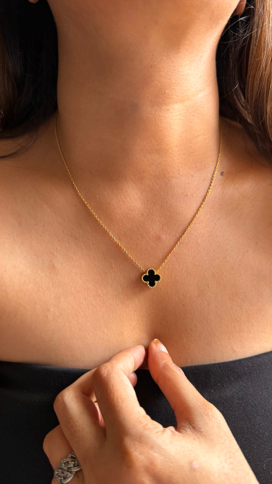 Black Onyx/Enamel Clover Charm Necklace