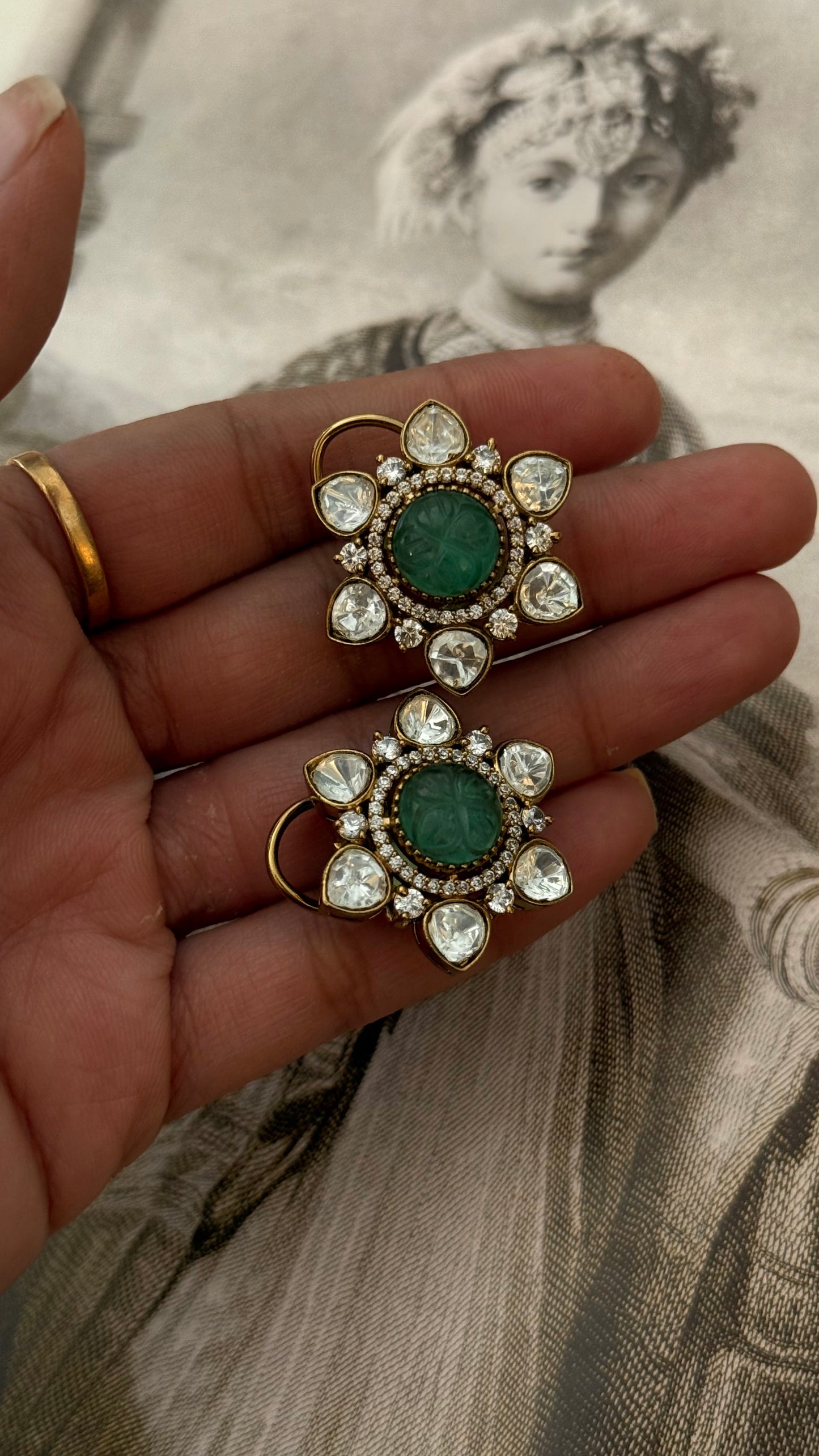 Mint Victorian Polki Studs floral