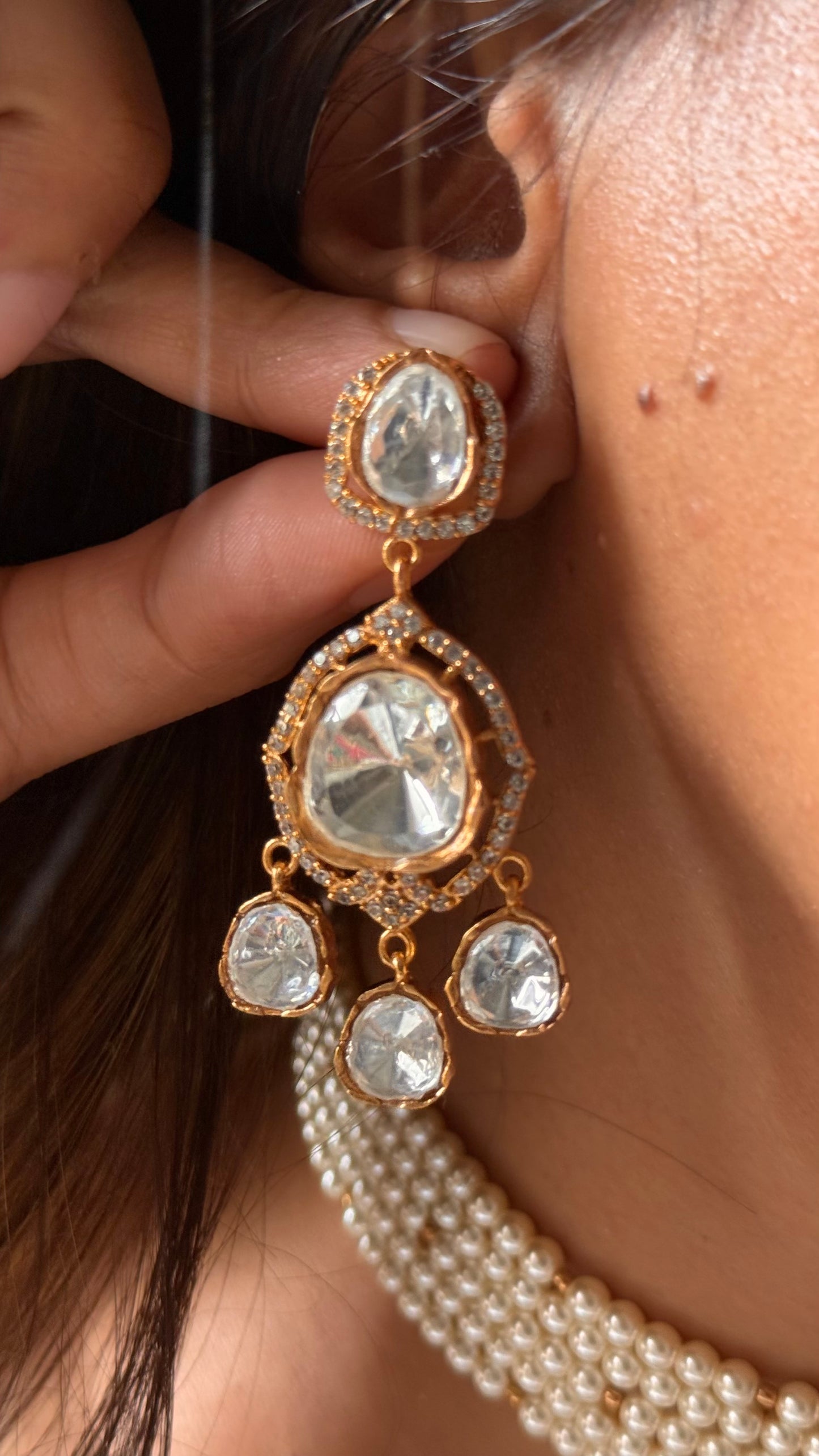 Triple layer real Moissanite uncut polki Necklace