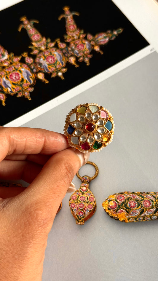 Paachi Navratna heritage kundan adjustable ring