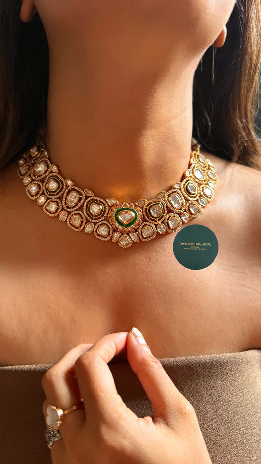 Emerald meenakari & rani pink polki collar set