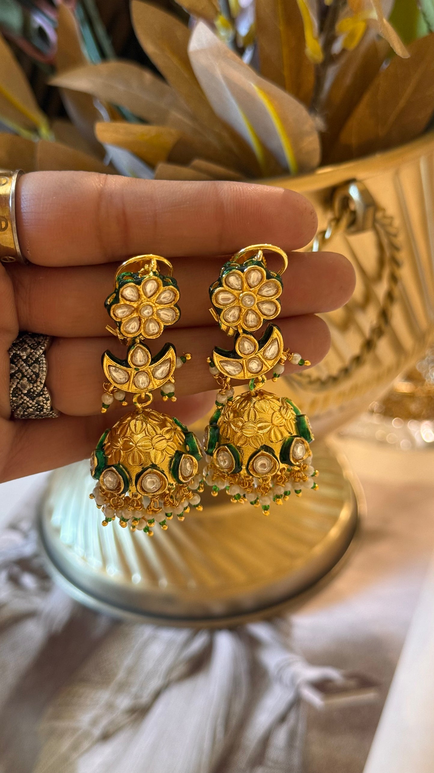 Meenakari back clip polki chandbali