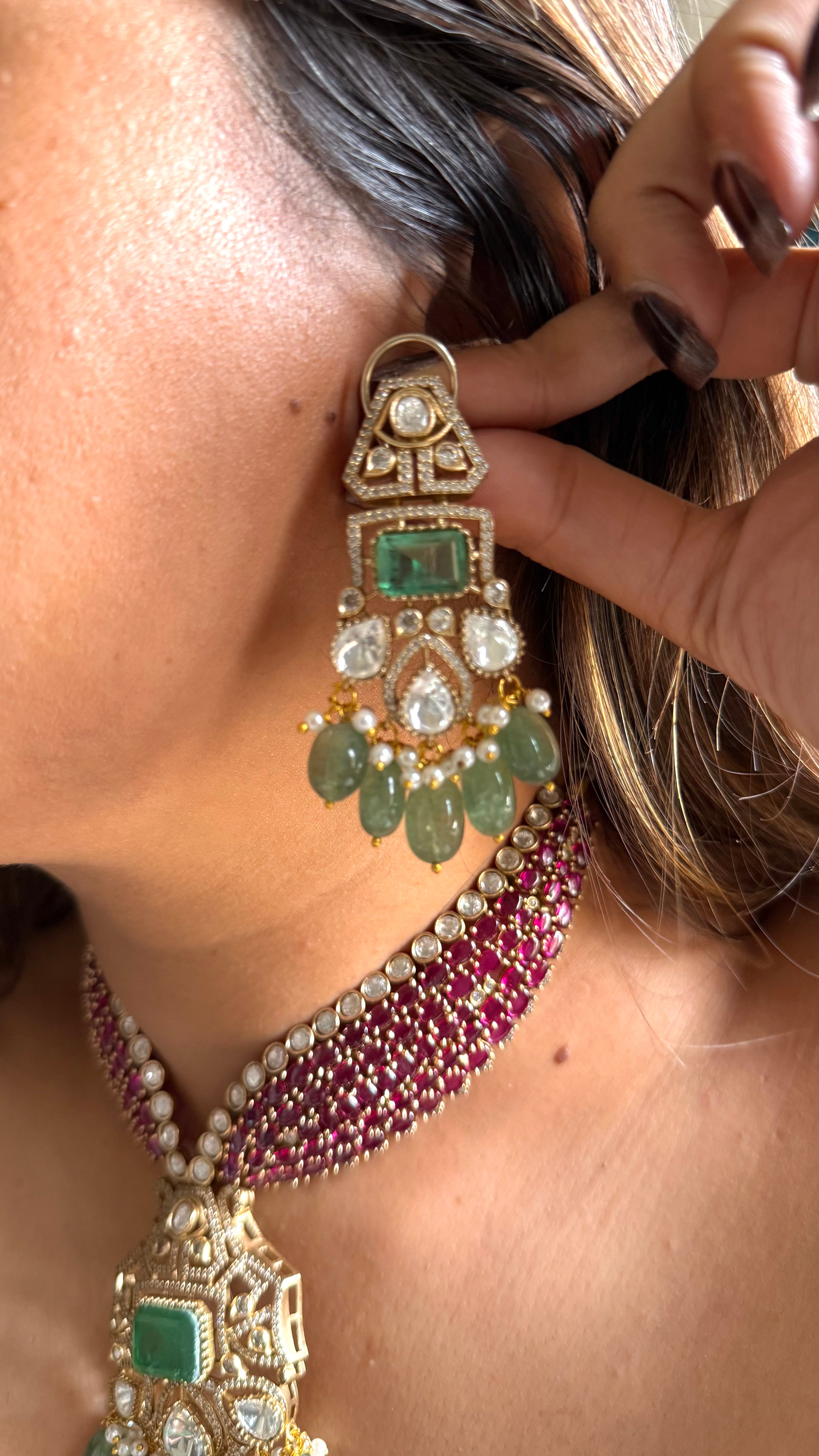 Rani pink & mint moissanite designer necklace with mint drop