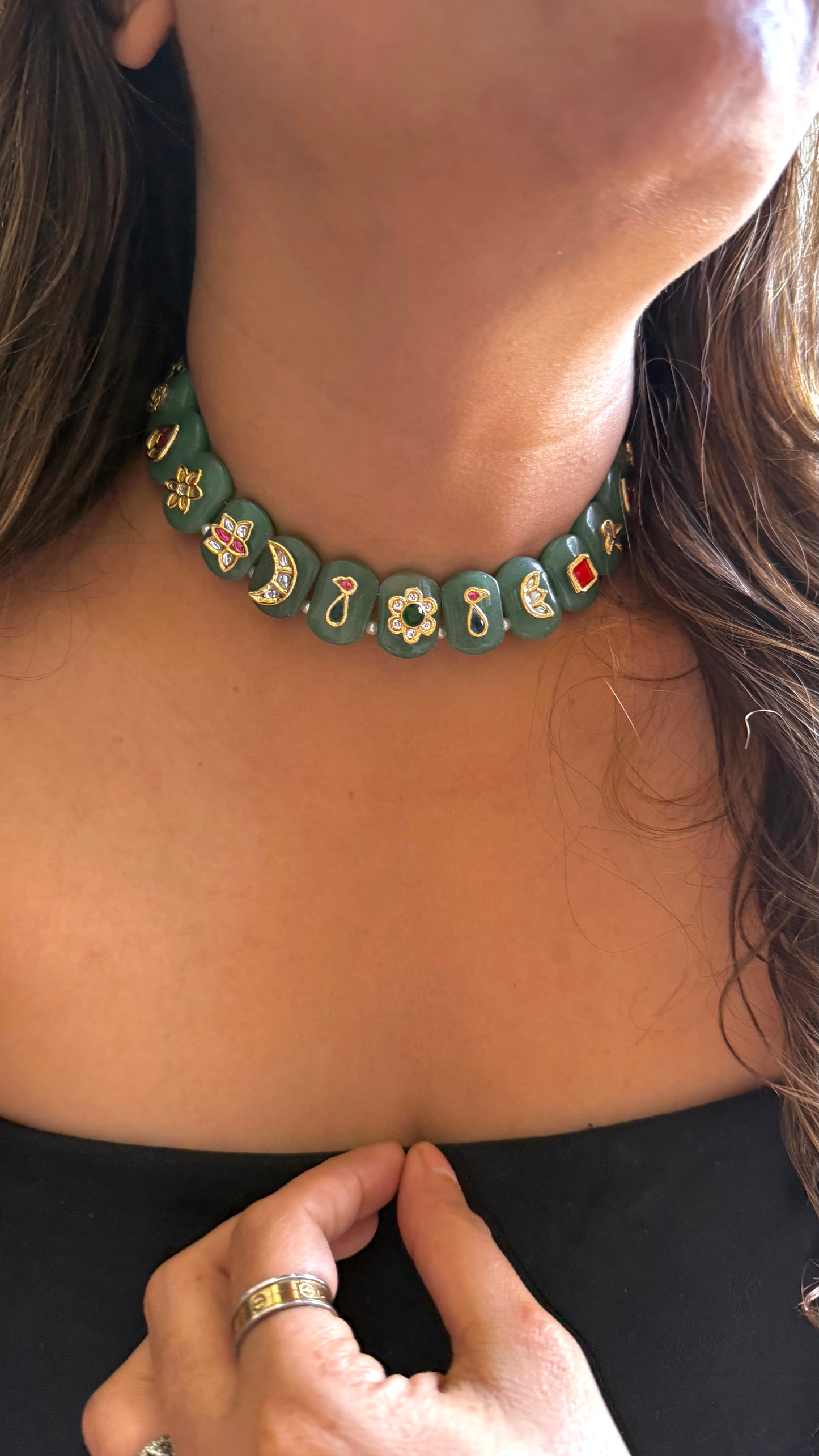 Mint collar choker with gold designer work