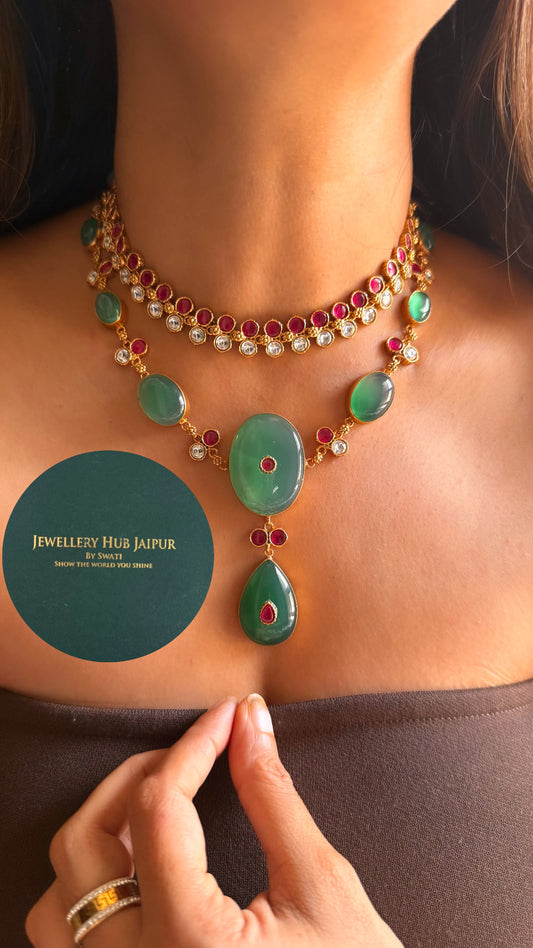Amrapali inspired Natural stone Emerald & rani pink moissanite dual layer collar set